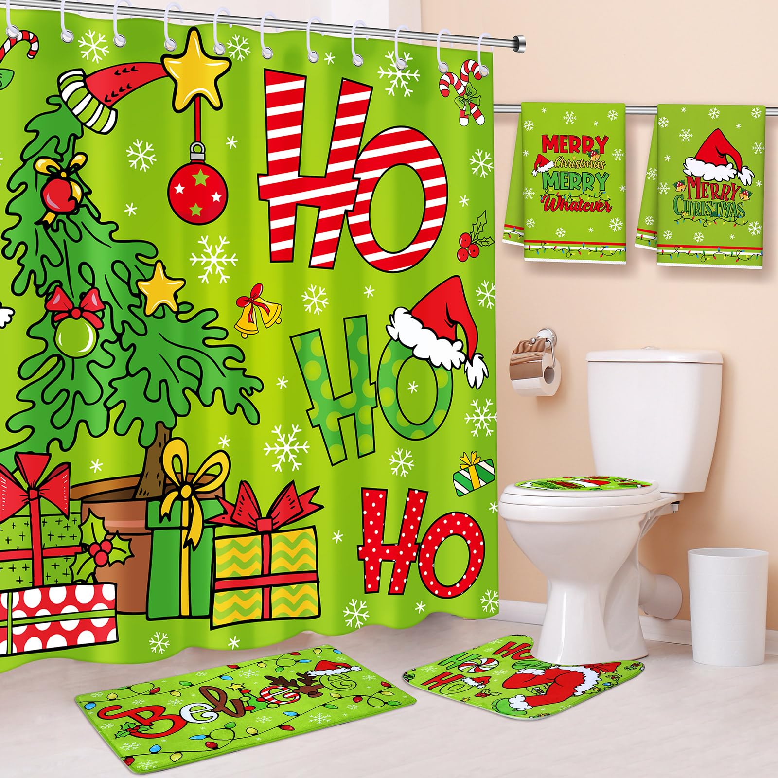 Amazon.com: HunnmingRe 6 Pcs Christmas Shower Curtain Sets Christmas ...