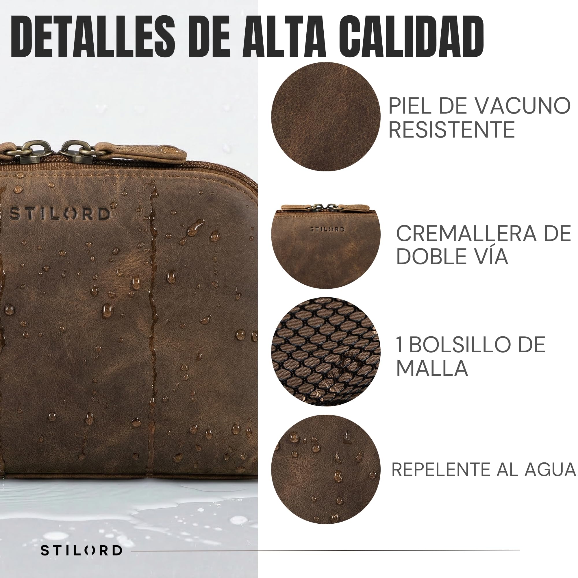 STILORD Elma Neceser Mujer Piel Neceser Hombre | Bolsa de Aseo Pequeña de Cuero Auténtico Organizador de Cosméticos para Viaje Color:marrón - Medio