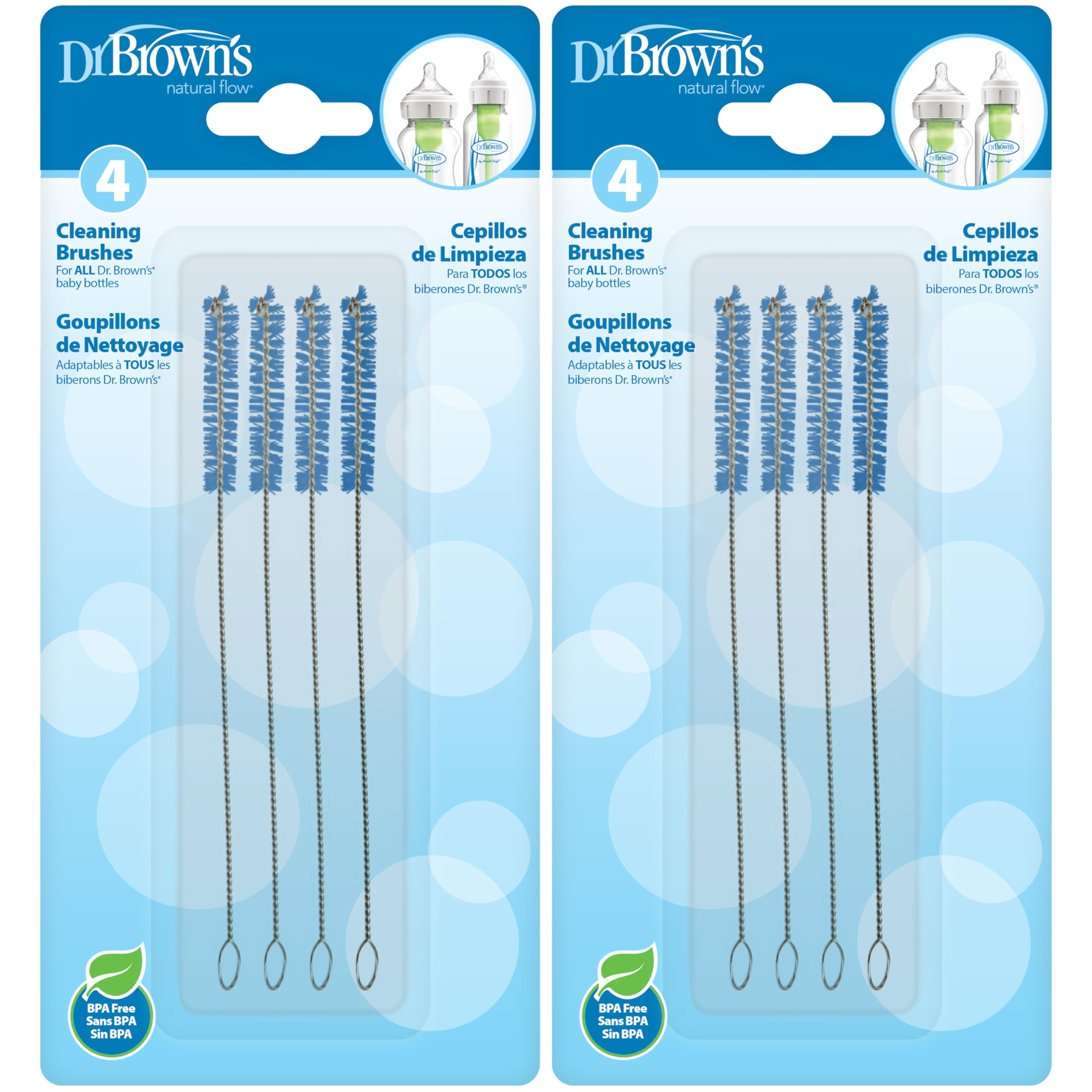 Dr. Brown’s Natural Flow Reusable Baby Bottle Vent System and Reservoir Cleaning Bristle Brush, BPA Free, Blue Brushes, 8-Pack