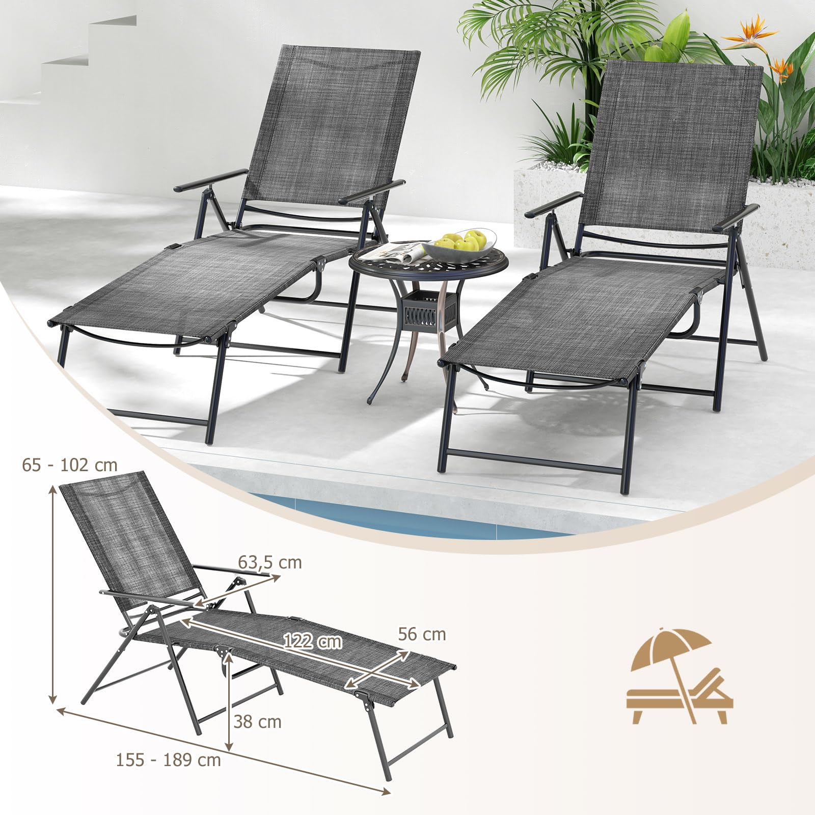 GIANTEX Lot de 2 Transats Jardin Extérieur, Chaises Longues Pliables avec Dossier et Repose-Pieds Réglables, Transats Pliables, Charge 150 KG, Bain de Soleil pour Jardin, Piscine, Patio (Gris)