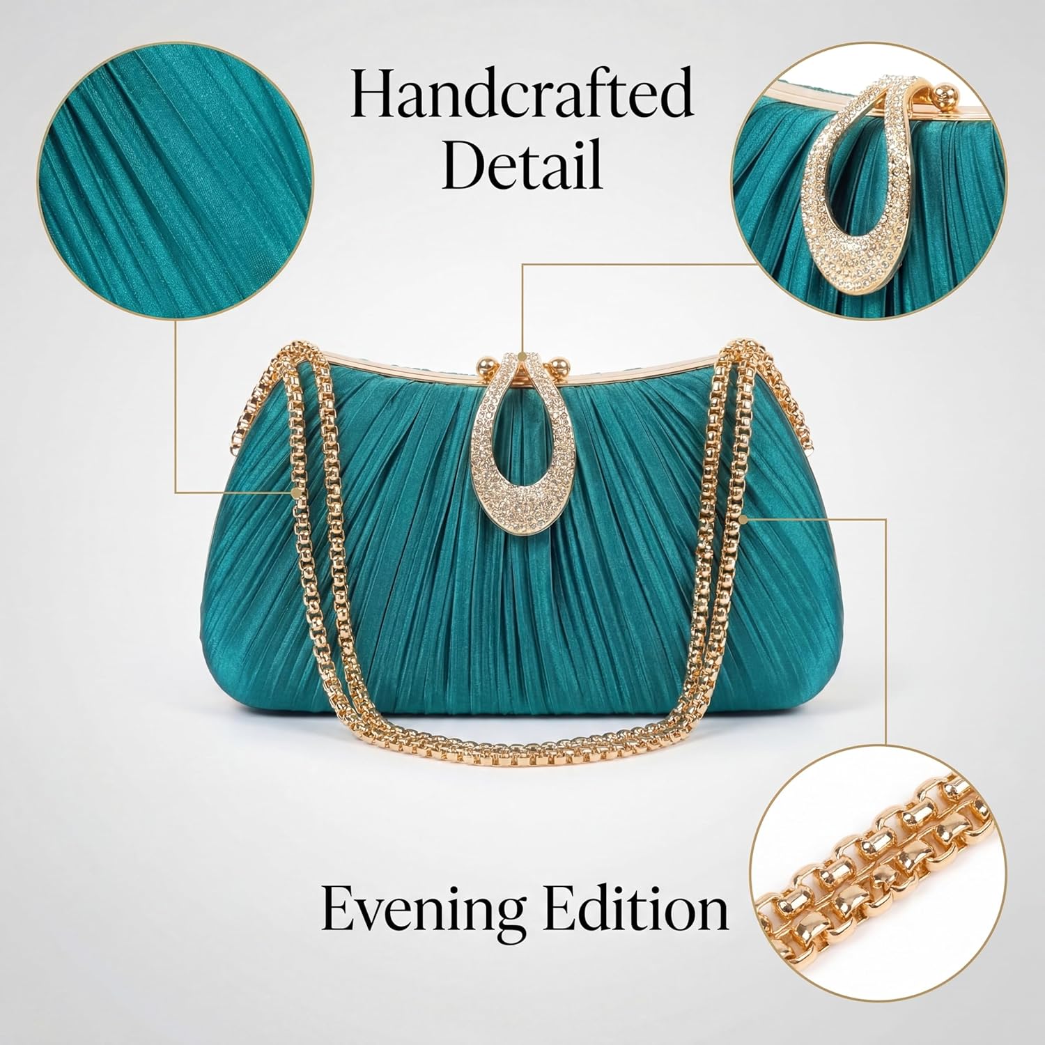 Women‘s Pleated Satin Clutch Purse， Evening Bag with Rhinestone Clasp & Detachable Chain， Formal Party Wedding Handbag