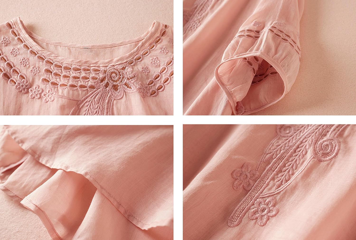 Women's Button Down Embroidery 3/4 Sleeves Cotton Linen Tunic Tops Blouse - Image 2