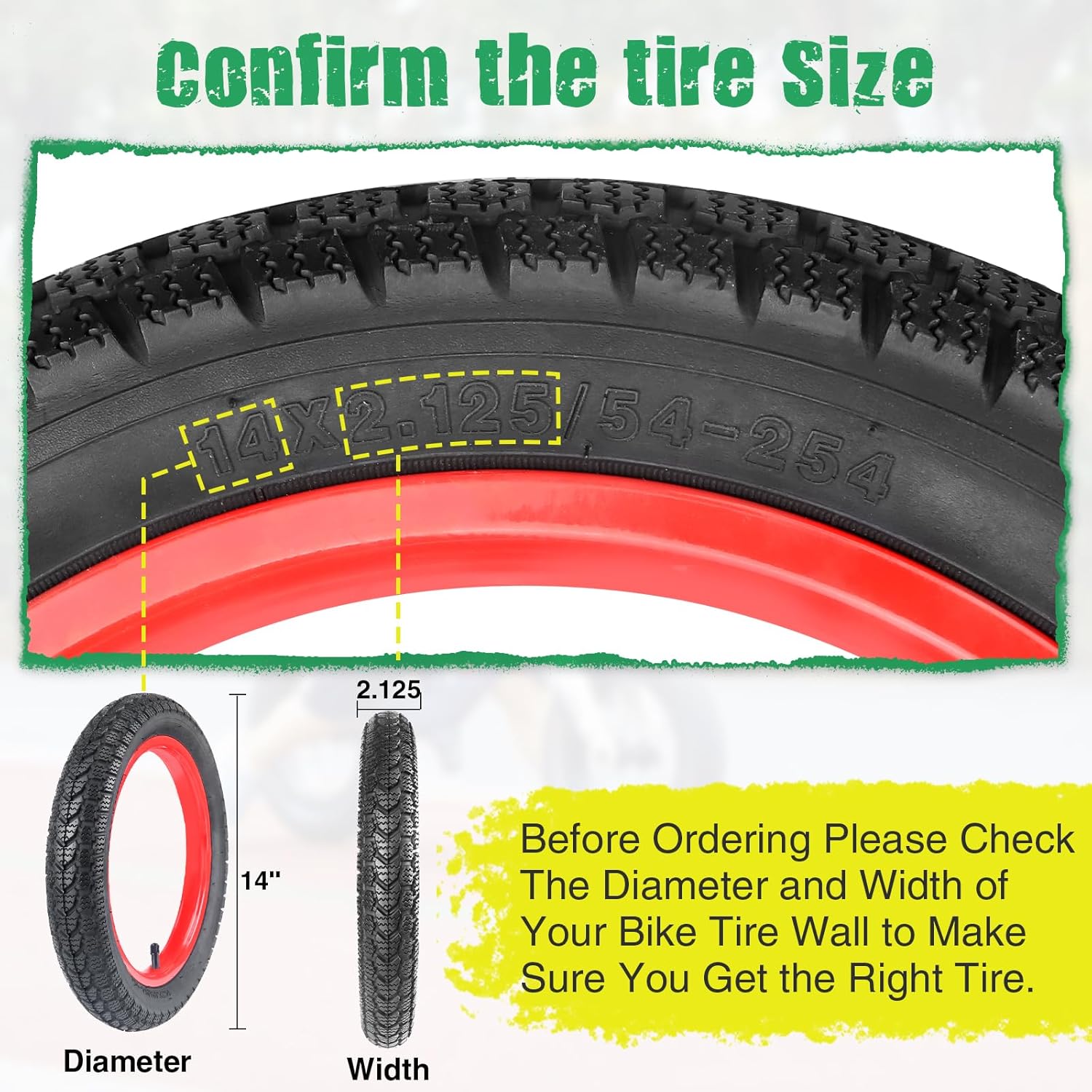 14 x 2.125 E-Bike Tire 1/2 Pack with 1/2 Tubes 14 Bike Tire Kids Bike Tires Folding Replacement Bicycle Tire for Electric Bicycles,Strong Grip,Black