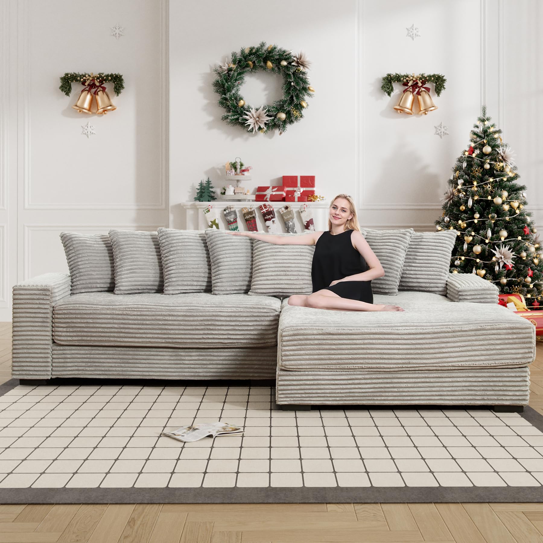 KEIKI 111" L-Shaped Corduroy Sectional Sofa With Right Chaise - Modular 3-Seater With 8 Pillows, Gray Living Room Couch