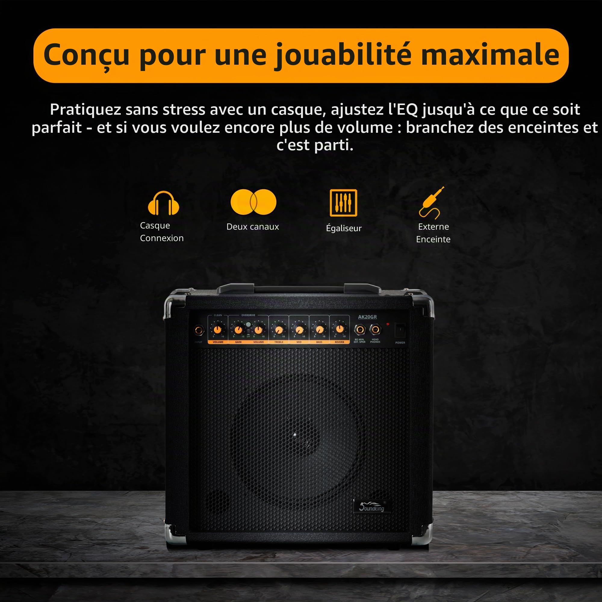 Soundking AK20-GR Combo Guitare - 2 Canaux, 60 Watts, Haut-Parleur 8" | 2 Canaux (clean & distorsion), 60 Watts (Puissance Crête), Vraie réverbération à ressort (Reverb), Réglages: Canal, Treble