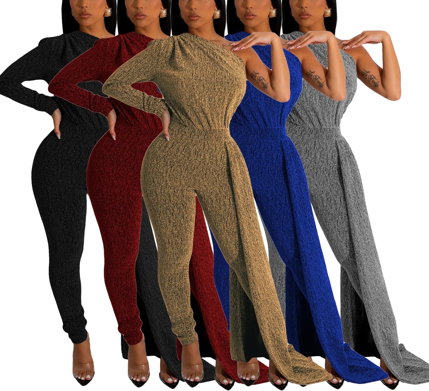 Women's Sexy Sparkly One Shoulder Long Sleeve Bodycon Jumpsuits Stretchy Long Pants Clubwear Party Rompers With Belt Rope - Image 8