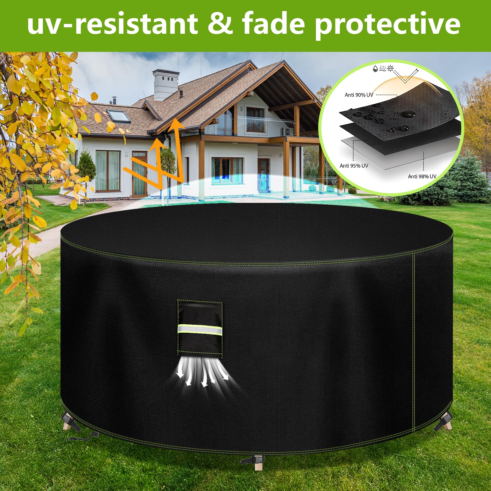 VDISRR Housse Table de Jardin, 600D Tissu Oxford Housses pour Mobilier Ø130 x 71 cm, Bâche Salon de Jardin avec Grilles D'aération, Imperméable, Coupe-Vent, Anti-UV Couverture de Protection Meubles