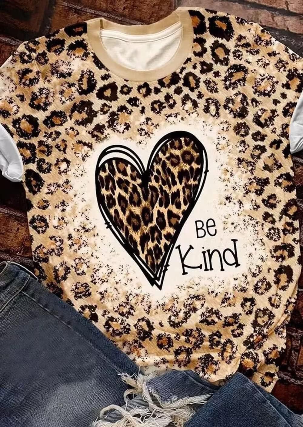 Be Kind Leopard T Shirt Animal Leopard Heart Graphic Blessed Shirt Women Inspirational Teacher Short Sleeve Tees Tops - Image 7