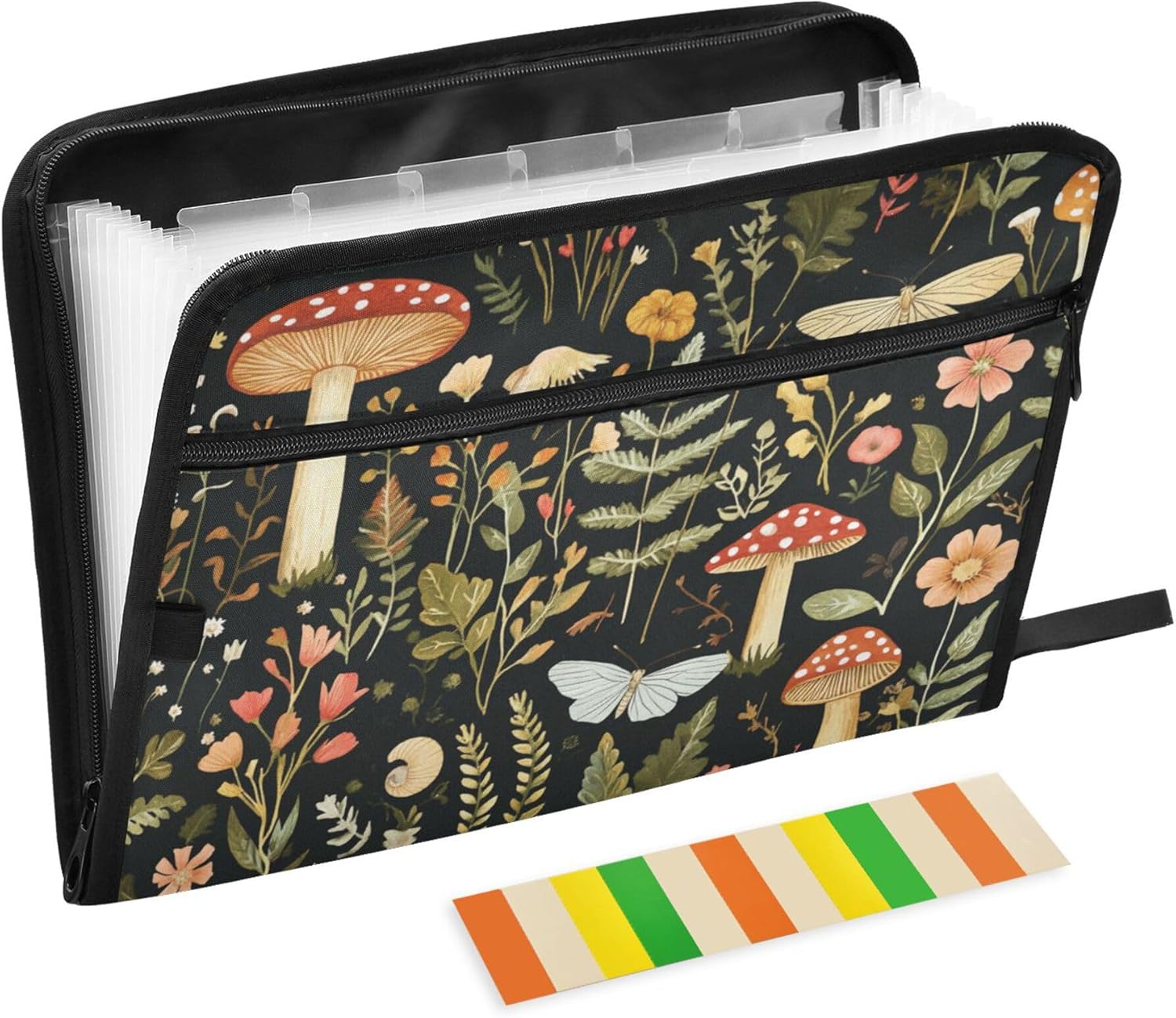 Mushroom Botanical Dragonflies Butterflies Expanding File Folder with Sticky Labels, 13 Pockets Accordion File Folder Document Organizer Expandable Zip File Folder with Zipper Closure