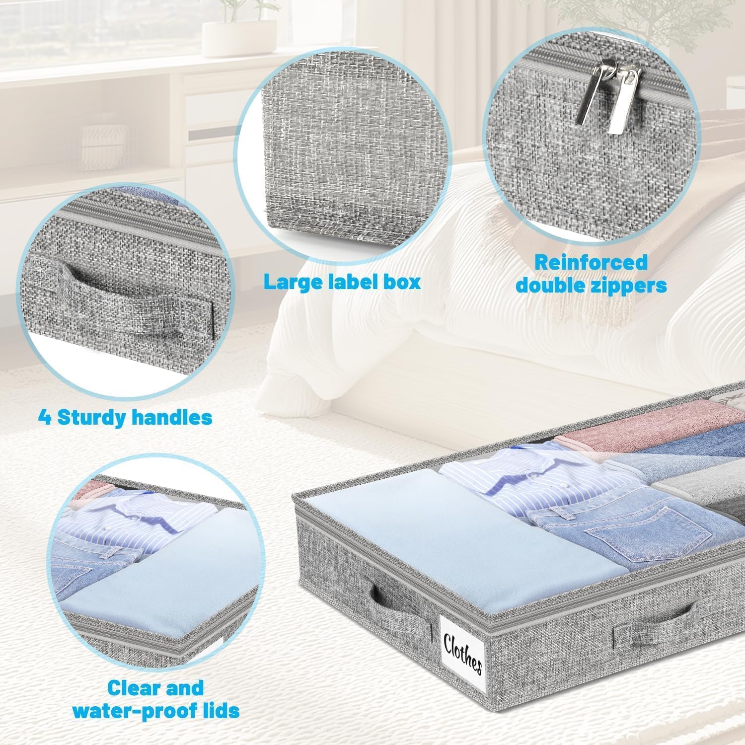 4 Inch Low Profile Under Bed Storage Drawer 2 Pack, Lightweight Underbed Clothes Storage Container Bins with NO STURCTURE, Shallow Storage Bag for Dorm & Home, With Clear Lids & Water-Resistant Fabric - Image 6