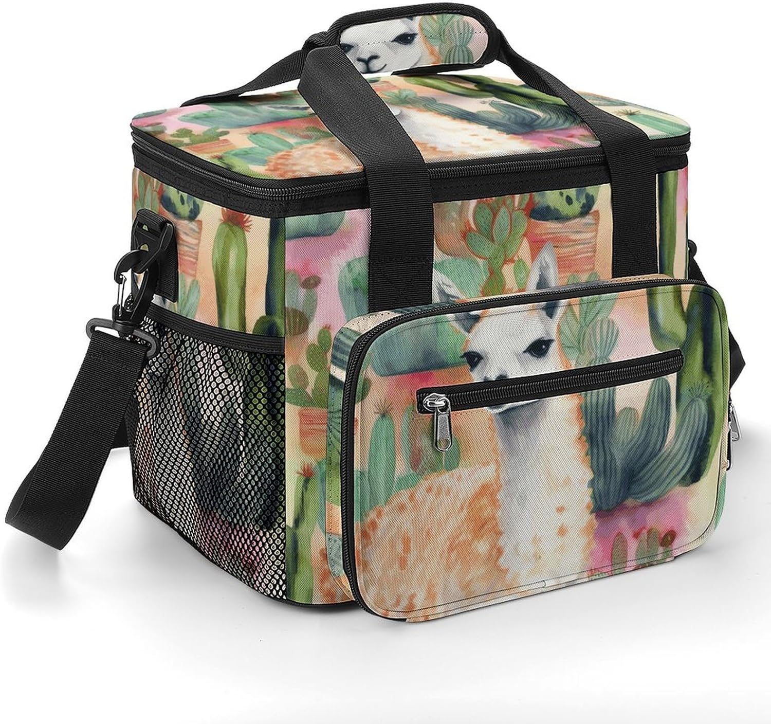 Camping Ice Pack, White Alpaca Watercolor Painting and Cactus Print Cooler Bag, 22.5L Large Capacity Insulated Lunch Tote Bag for Outdoor, Picnic, BBQ, Travel, Work