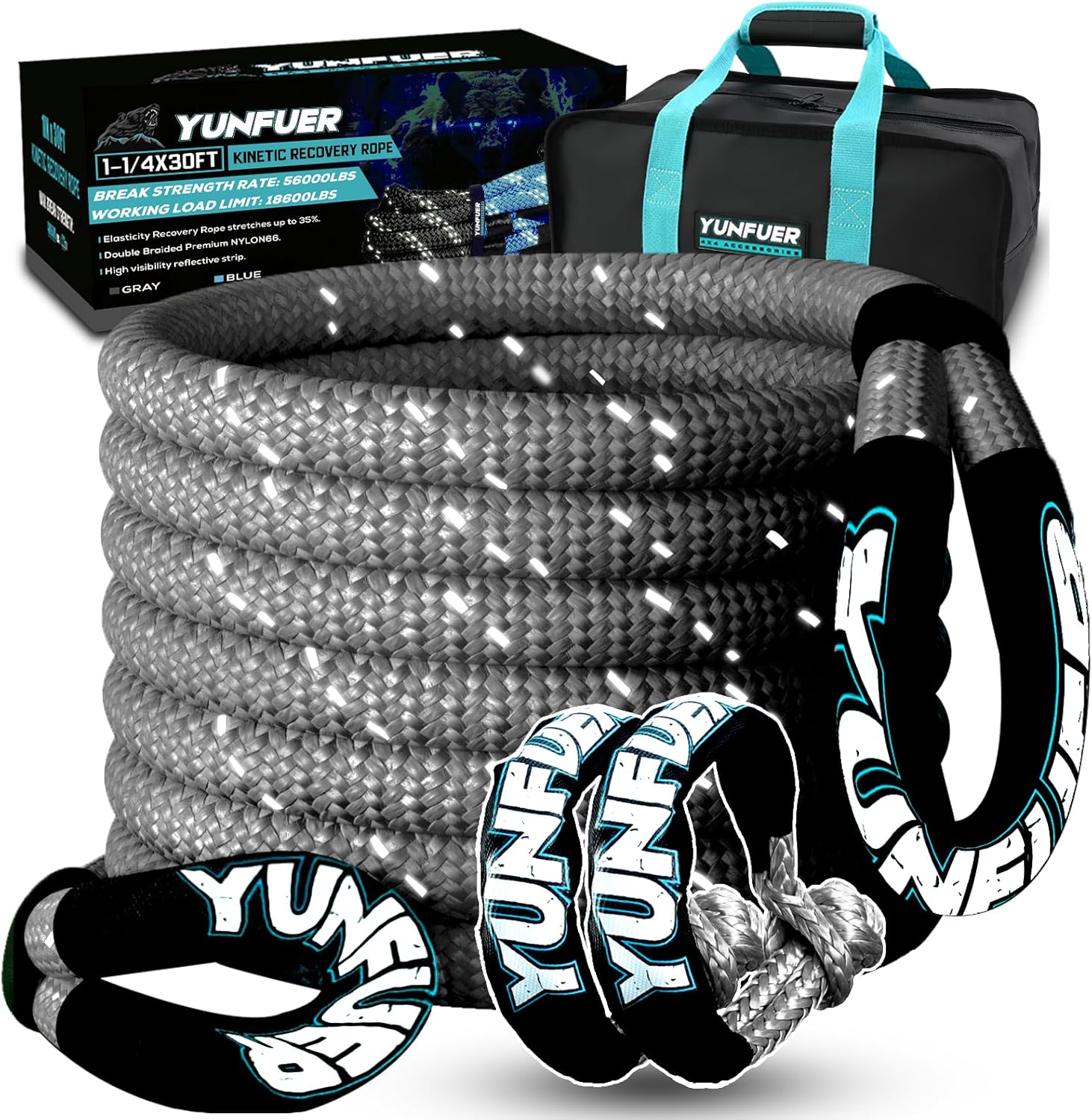 Heavy-Duty Kinetic Recovery Rope Kit  56,000lbs, 1.26in x 30ft  Includes 2 Ultra-Strong UHMWPE Soft Shackles  35%+ Elasticity for Off-Road Recovery, Towing & Emergency Use (Reflective)