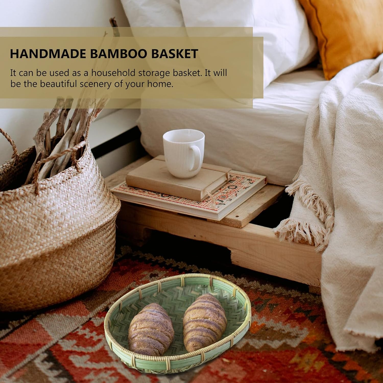 YARNOW Woven Snack and Bread Basket Handmade Natural Basket for Kitchen Counter Dining and Serving