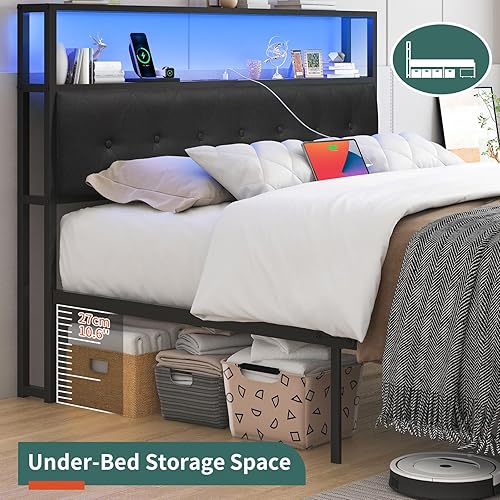 Miniatura 5 de Yoobure Base de cama Queen con cabecero, marco de cama de plataforma negra tamaño Queen, marcos de cama resistentes con 2 cajones de almacenamiento,