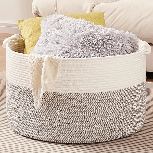 OIASKET Large Blanket Storage Basket for Living Room, 22.8" x 22.8" x 13" Woven Cotton Rope Basket with Handles, Baby Toy Storage, Laundry Hamper for Clothes, Pillows, Towels-Grey and White