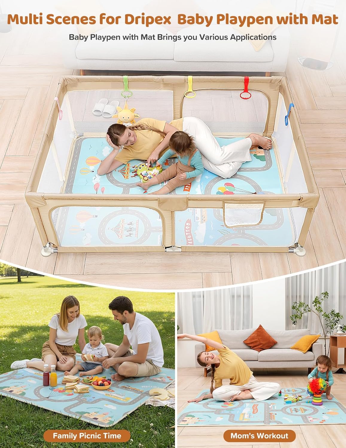 Dripex Baby Playpen with Mat, 71"x47" Play Pen for Toddlers 1-3 Years, Soft Breathable Visible Mesh, Indoor/Outdoor Portable Play Yard with Mat, Safe Baby Fence Play Area, Khaki
