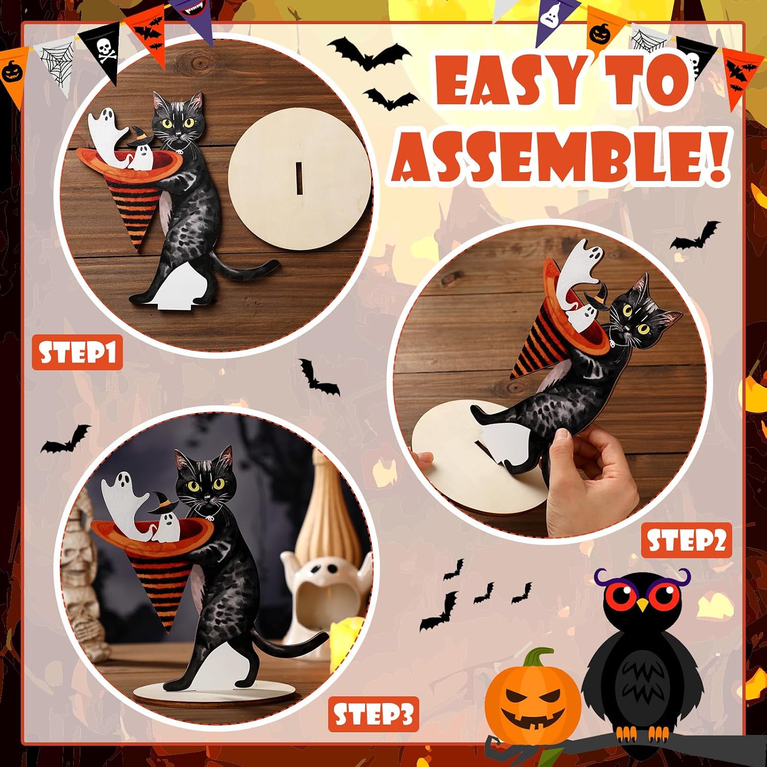 Winnerwhy 3 Pcs 9 x 6 Inch Vintage Halloween Decor Black Cat Table Decor image 4