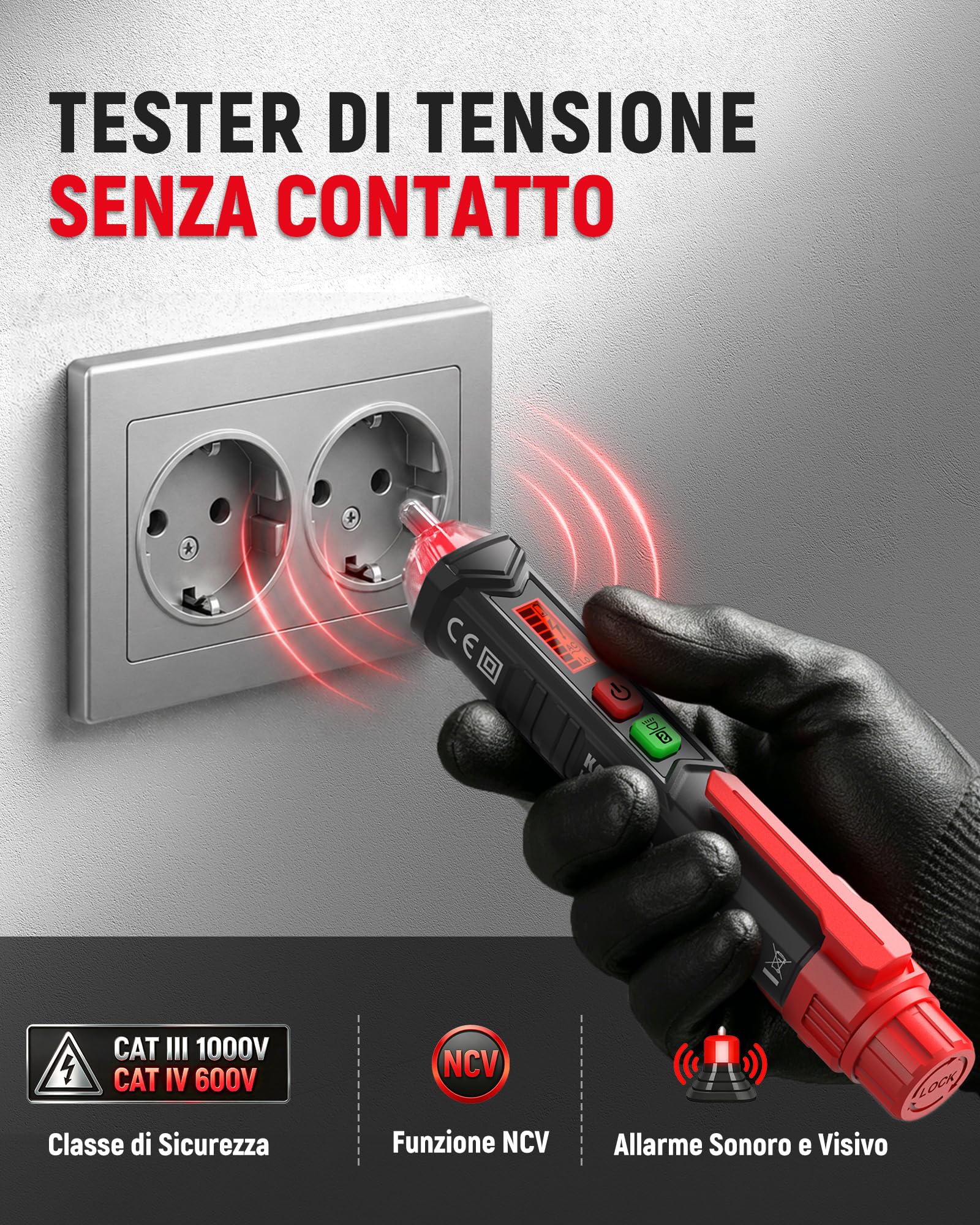Tester di Tensione Senza Contatto, KAIWEETS Cercafase, Rilevatore di Tensione a Doppia Sensibilità 12V/48V-1000V, Display LCD, Test Filo Fase/Neutro, Torcia, Allarme Acustico