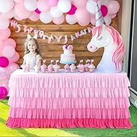 Vista 9 de Falda de mesa de tul con tutú rosa de 6 pies para mesas redondas rectangulares, mantel de gasa para decoración de fiesta de primer cumpleaños, baby