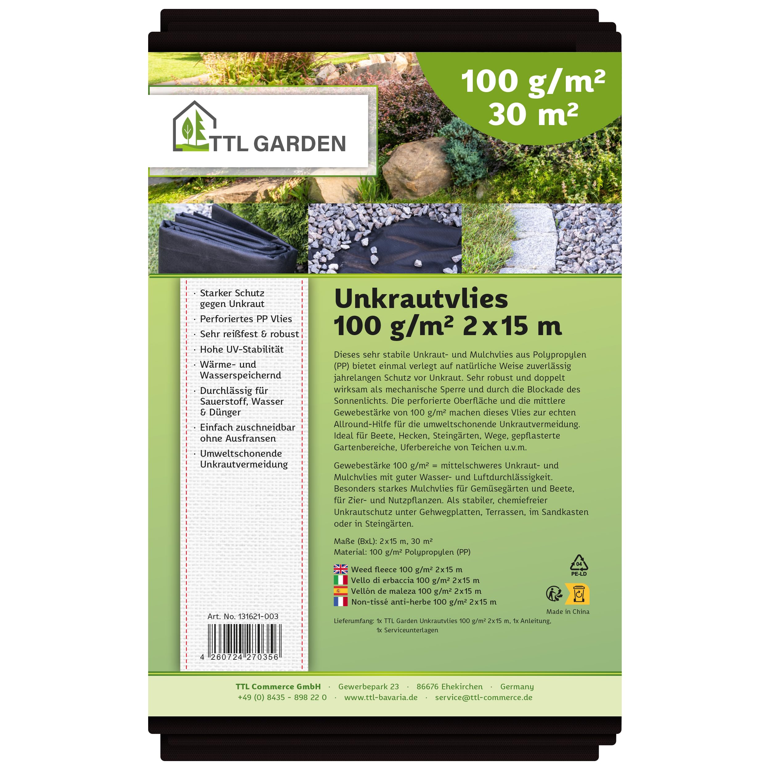TTL GARDEN 30m² Unkrautvlies mit 100g/m² - 2m x 15m Gartenvlies wasserdurchlässig reißfest UV-stabil & atmungsaktiv - Mulchvlies Vlies Folie gegen Unkraut - schwarz