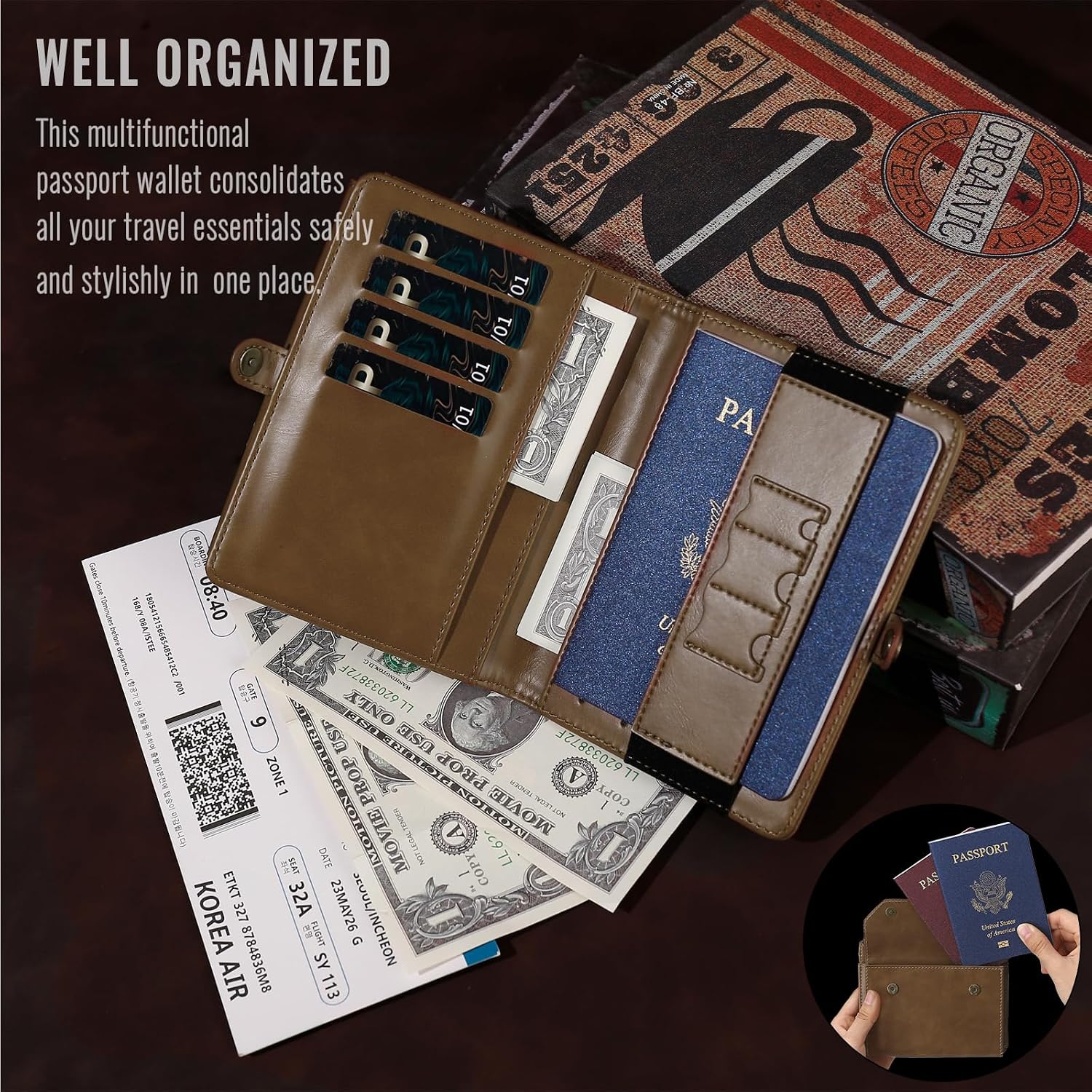 RFID Blocking Family Passport Holder Wallet,Hold 2-3 Passports for Travel with Credit Card Slots & Wrist Crossbody Strap Coffee