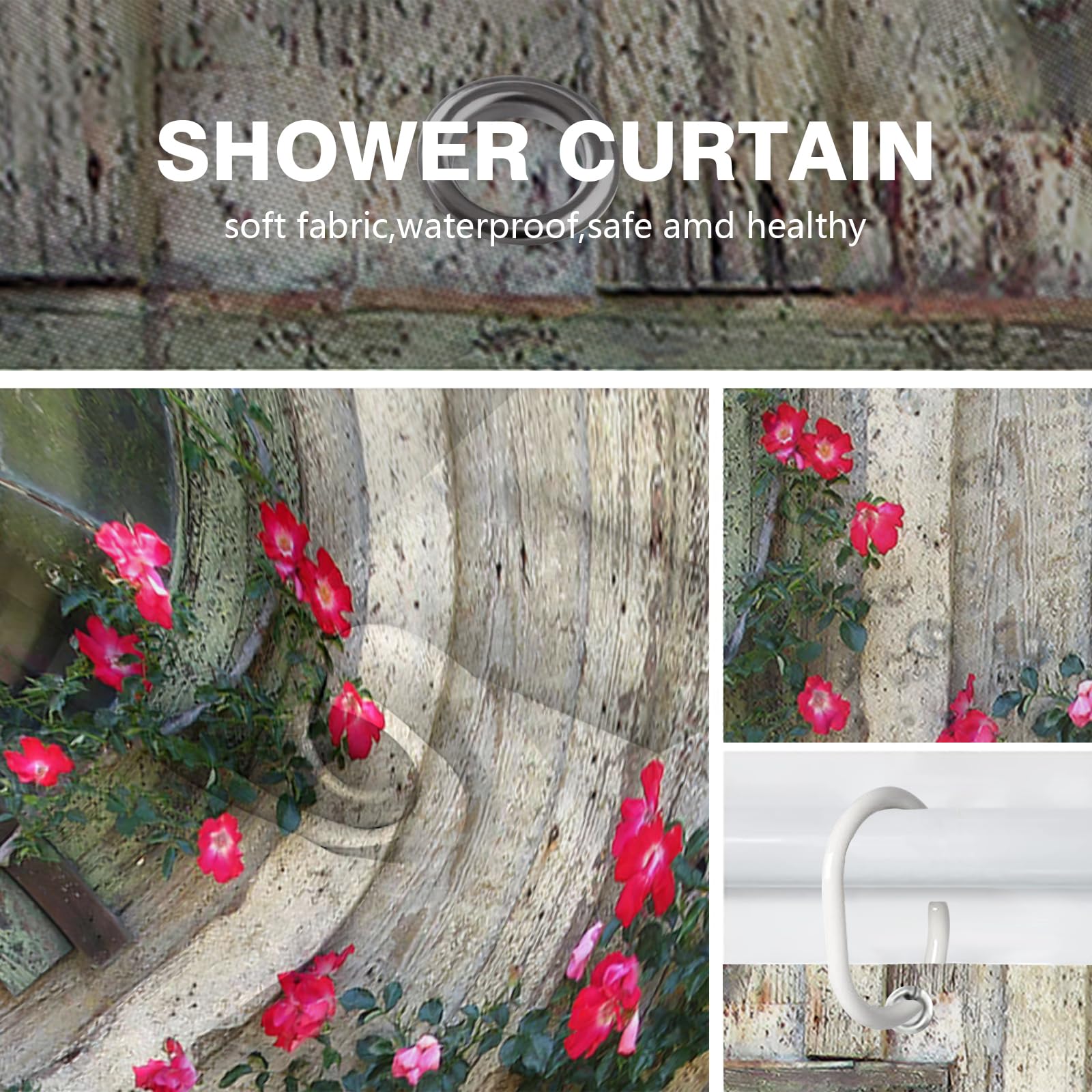 Newhomestyle 3D Garden View Shower Curtain, Outdoor Pink Flowers Wooden Scene Garden Decoration - Image 3