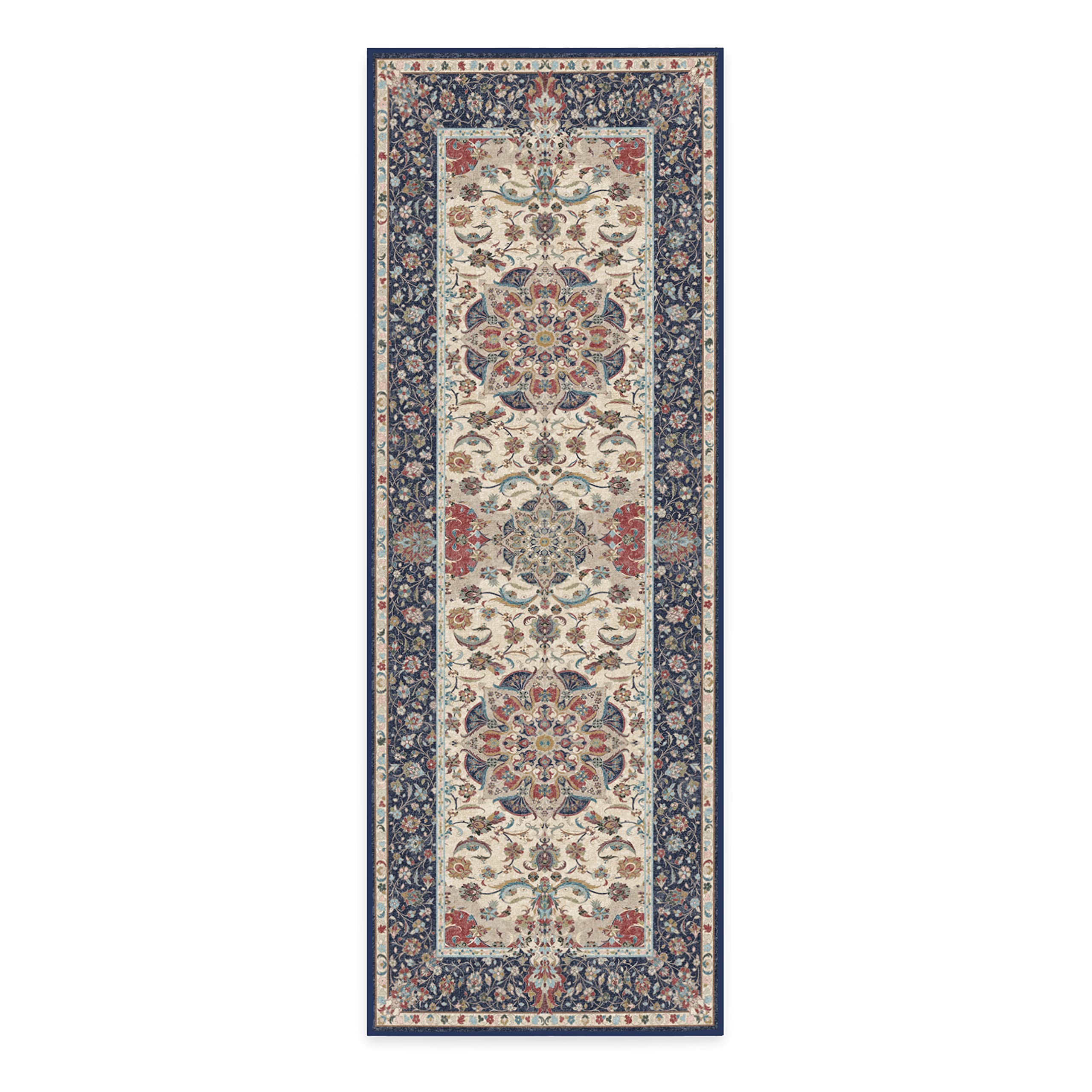 RUGGABLE Washable Vintage Runner Rug – Sima Royal Blue 2.5x7, Stain-Resistant, Non-Slip Hallway Runner with Standard Pad – Machine Washable Rug for Hallway, Entryway, Living Room & Kitchen