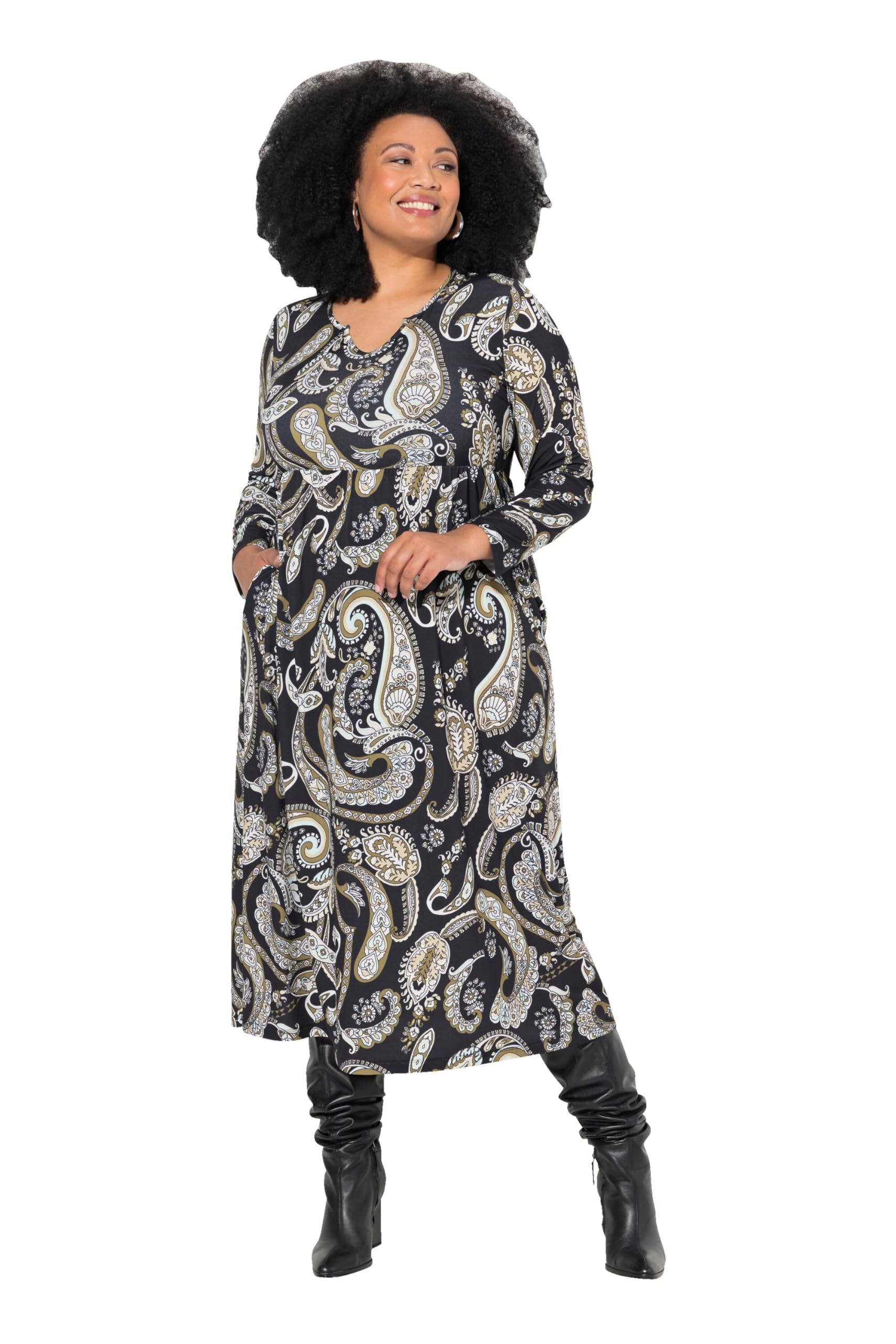 Ulla Popken Damen große Größen Übergrößen Plus Size Jerseykleid, A-Linie, Tunika-Ausschnitt, Langarm 834450