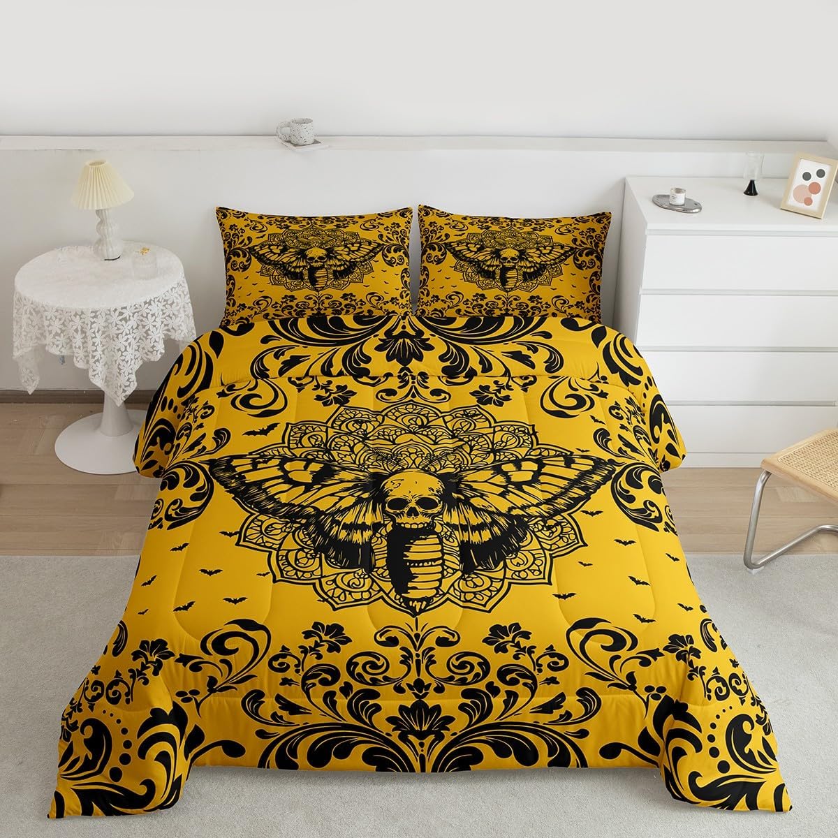 Erosebridal Halloween Bat Queen Bedding Sets for Girls Women,Purple Black Bats Bedding Comforter Sets Gothic Damask Flowers Comforter Set Goth Floral Animal Bed Duvet Set Halloween Room Decor 3 Pcs