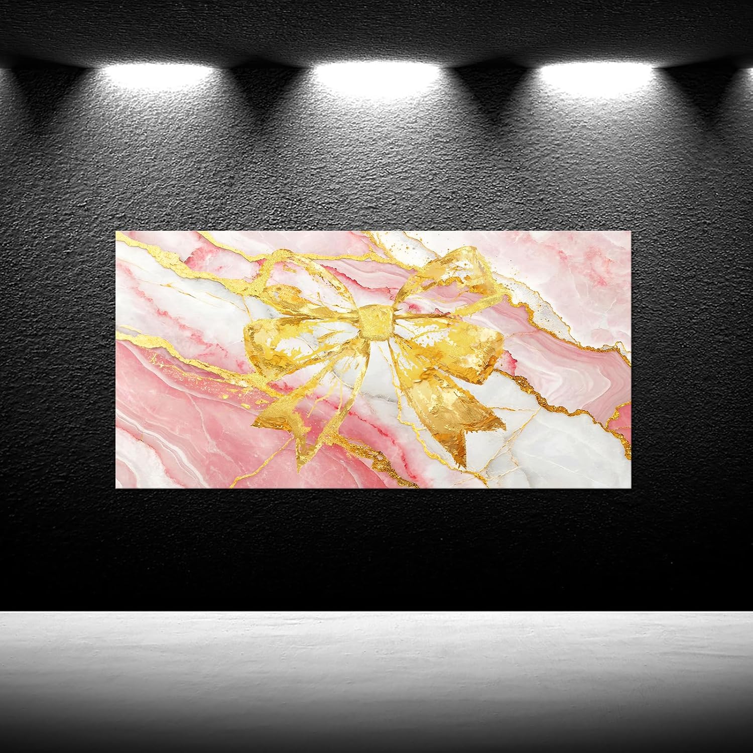 iKNOW FOTO Pink Marble Wall Art 20x40 Inch Canvas Print with Gold Bow Abstract Glam Artwork Modern Elegant Decoration for Bedroom Living Room Bathroom Office Lounge Dressing Room Ready to Hang