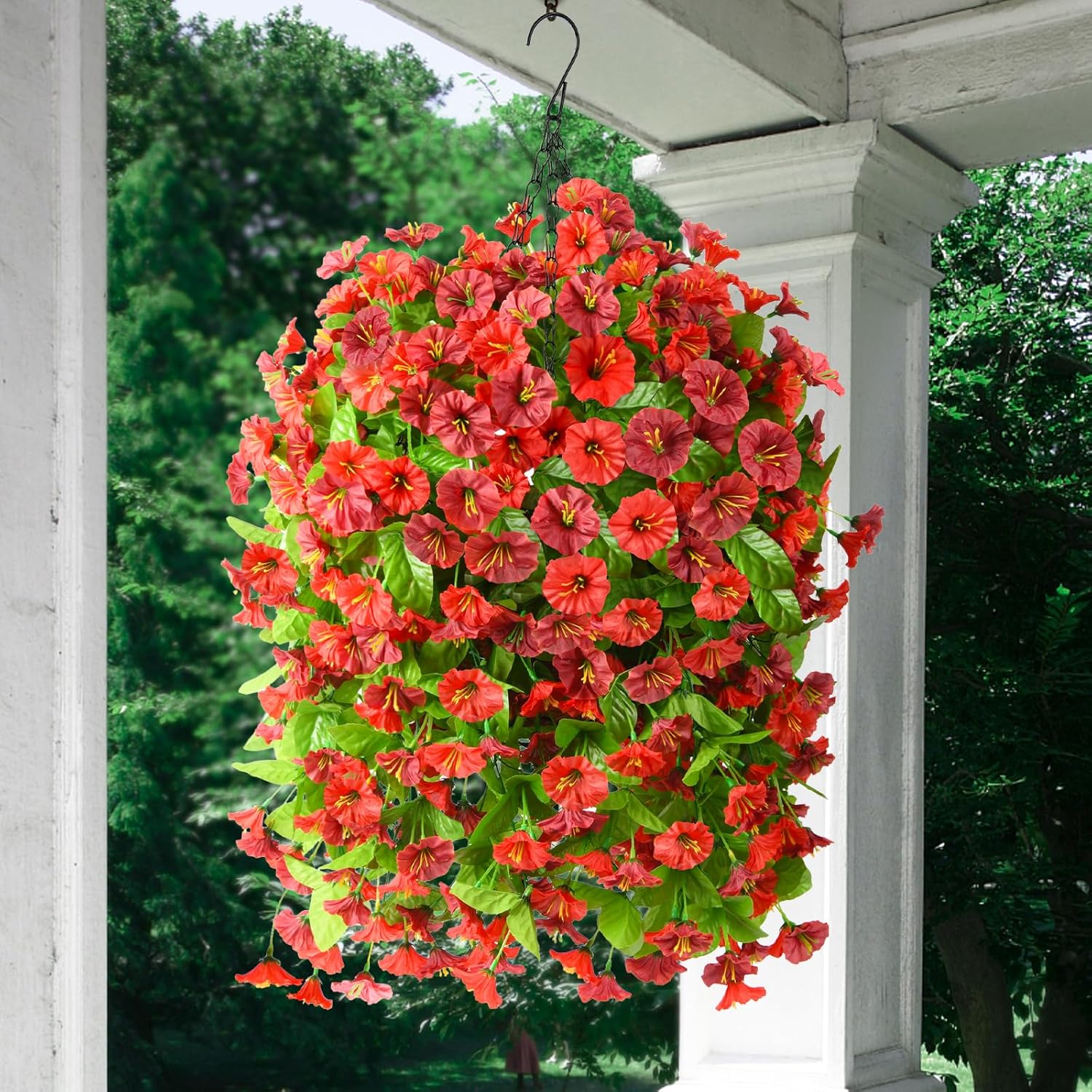Artificial Fake Hanging Flowers Plants Baskets for Outdoor Spring Summer Decorations,Resistant Faux Morning Glory Silk Plants for Outside UV Resistant Patio Yard Home Porch Decor(Red Brown) - Image 7