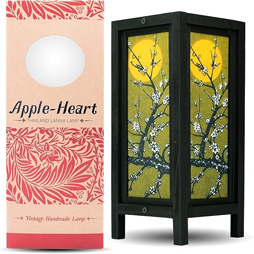 Lámpara de mesa con pantallas de iluminación ilustradas con cerezos en una noche de luna. Para el piso, para el escritorio, para el exterior. Con