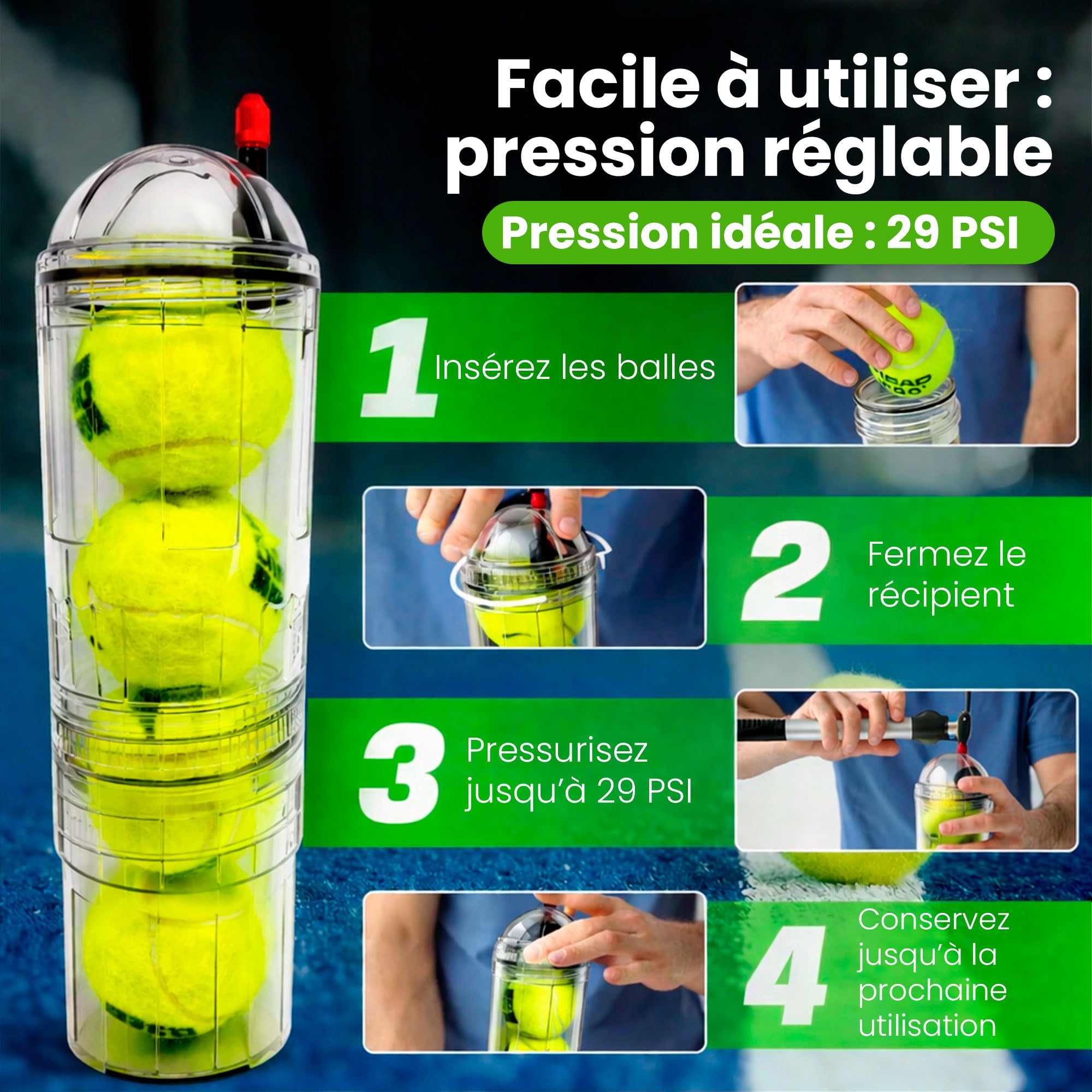 TUBOPLUS Tube pressurisateur pour balles de padel et tennis Tubox4 Crystal Compresseur pour balles Accessoires indispensables