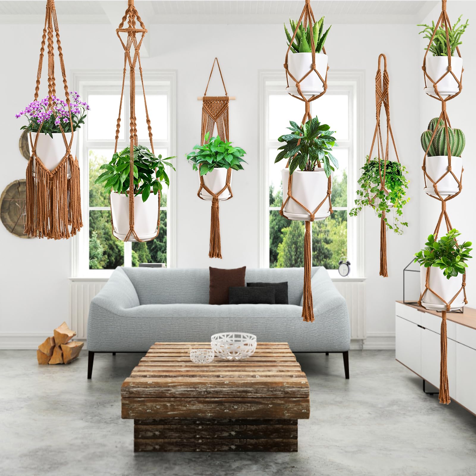SFENNGPET Lot de 5 suspensions en macramé pour plantes d'intérieur avec 5 crochets - Kit de suspension fait à la main - Pour décoration d'intérieur bohème