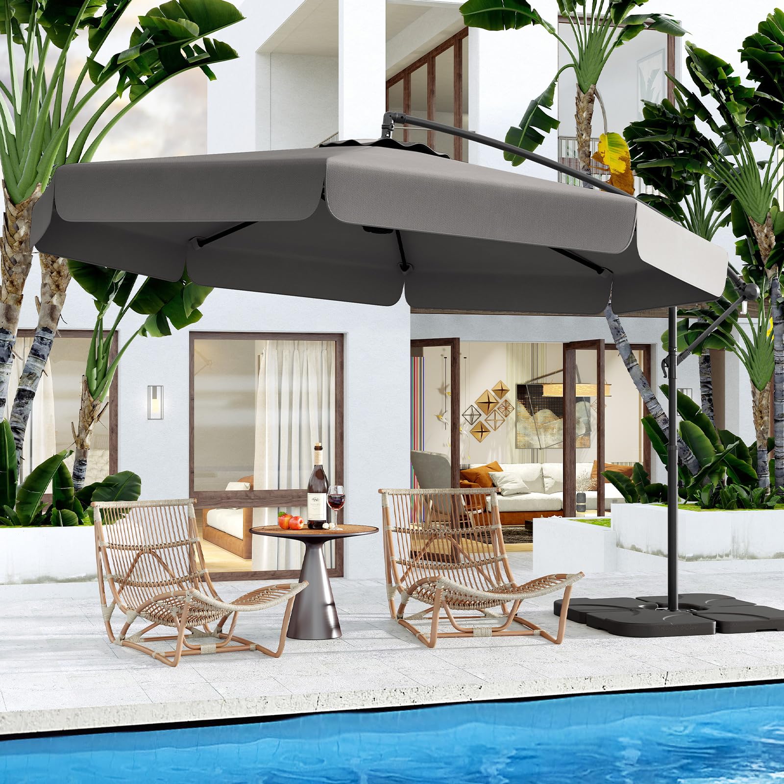 GOPLUS Ampelschirm 300 cm, Sonnenschirm mit Kurbel, Kreuzfuß & Schutzhülle, Gartenschirm mit 35° unendliche Neigung, Terrassenschirm mit Volant, Marktschirm für Pool, Garten & Terrasse, Grau