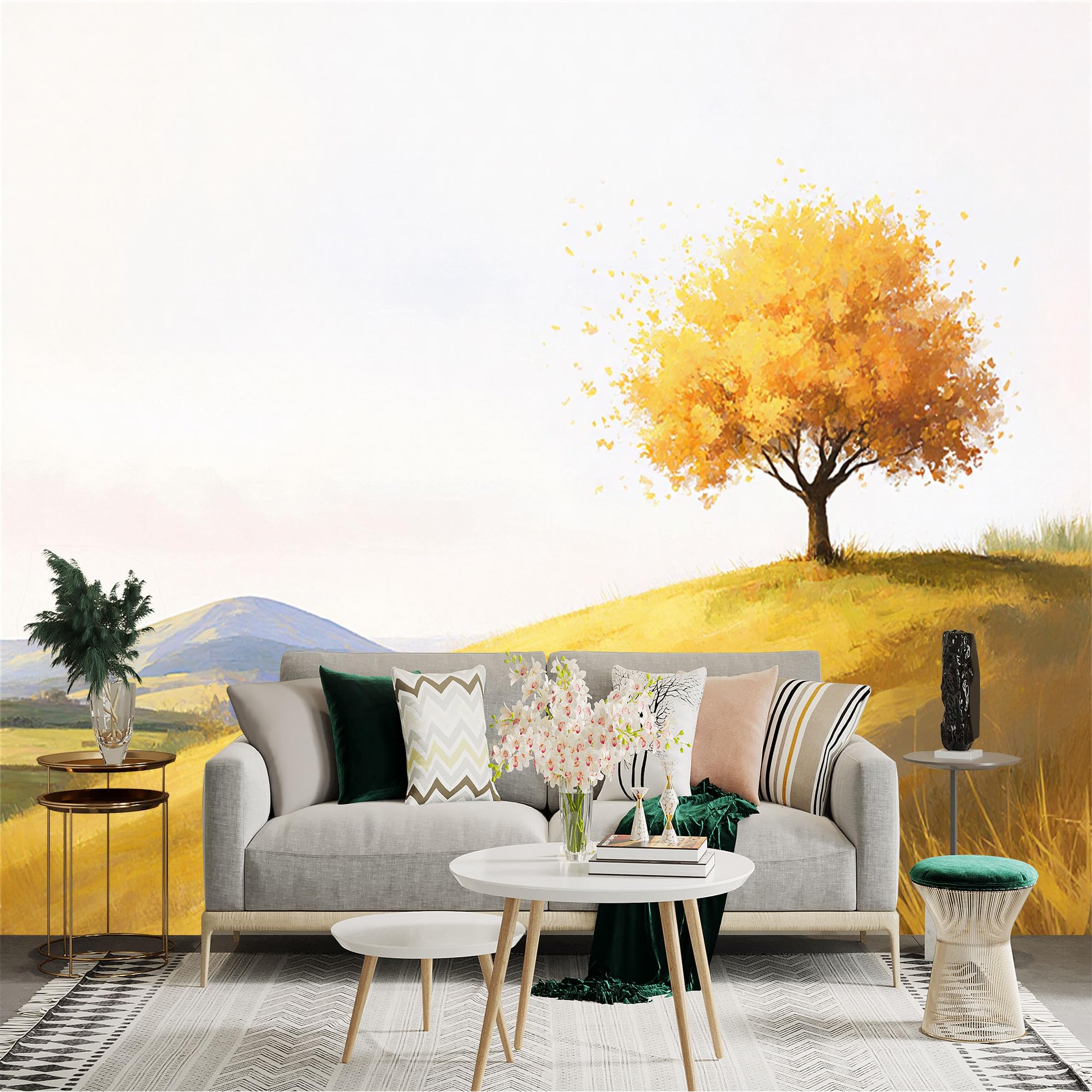 Custom Size Wall Sticker Mural， Golden Autumn Tree on Hillside， Artistic Nature Landscape， Peaceful Scenery， for wall Decoration， peelandstick wall Decals.