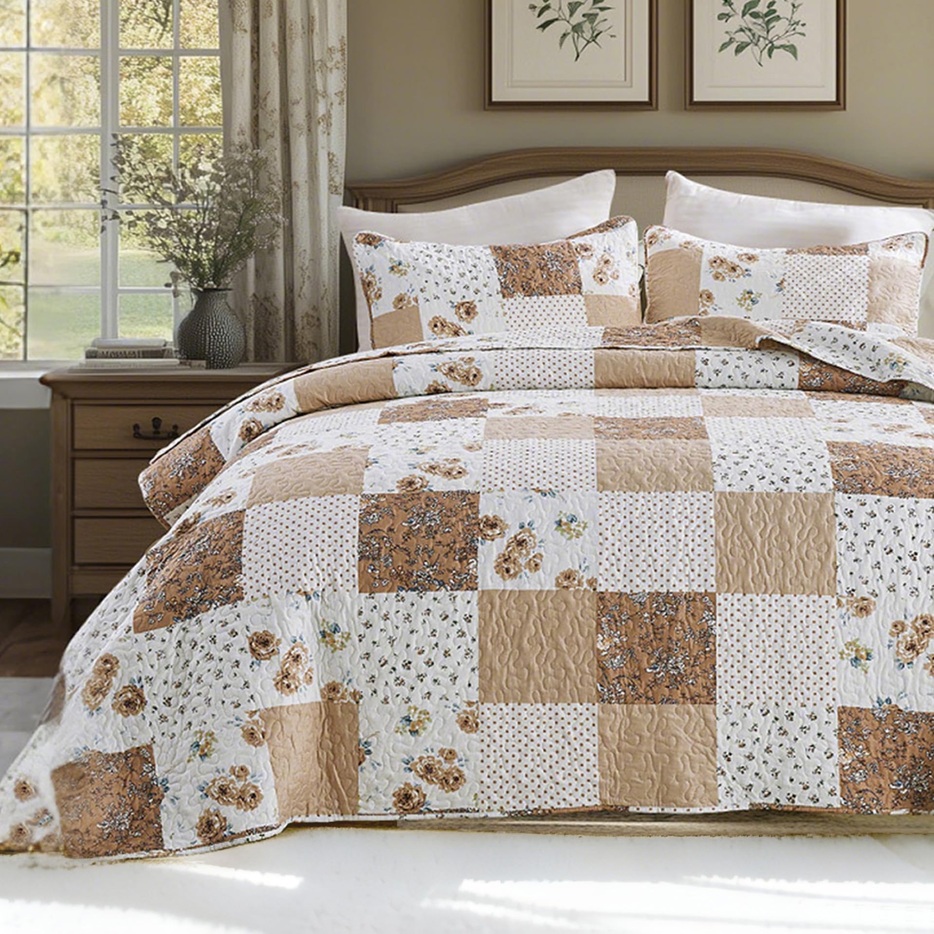 KINBEDY Floral Patchwork Quilt Set Full Queen Size, Brown Quilted Bedspreads Coverlet Set 3 Piece Quilts for Bed, Reversible Quilt Bedding Set with 2 Pillow Shams for All Seasons