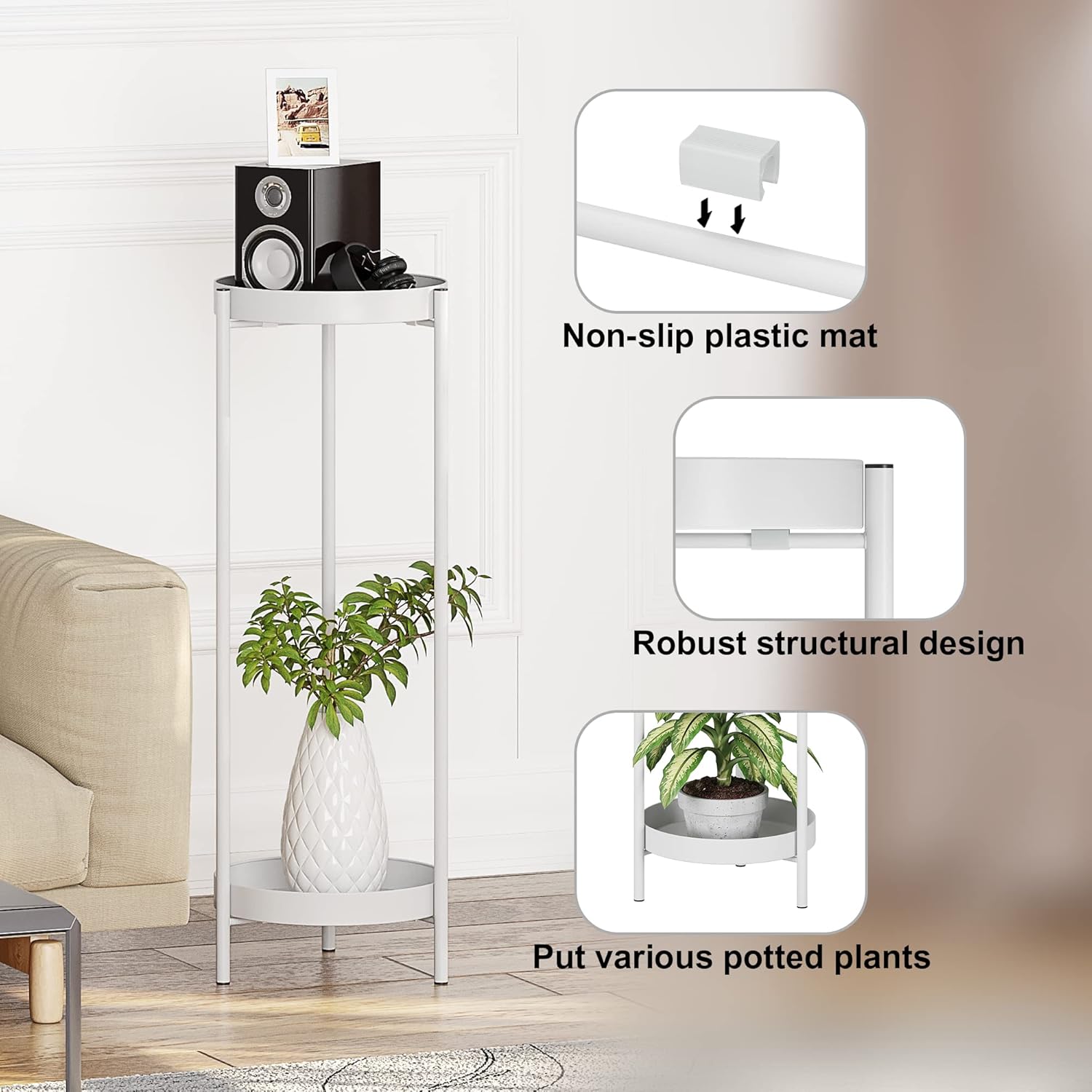 Metal White Tall Plant Stand Indoor or Outdoor - 30 inch 2 Tier Modern Corner Planter Shelf Rack with 2 Removable Display Shelves(10 inch) for Bedroom Living Room Balcony