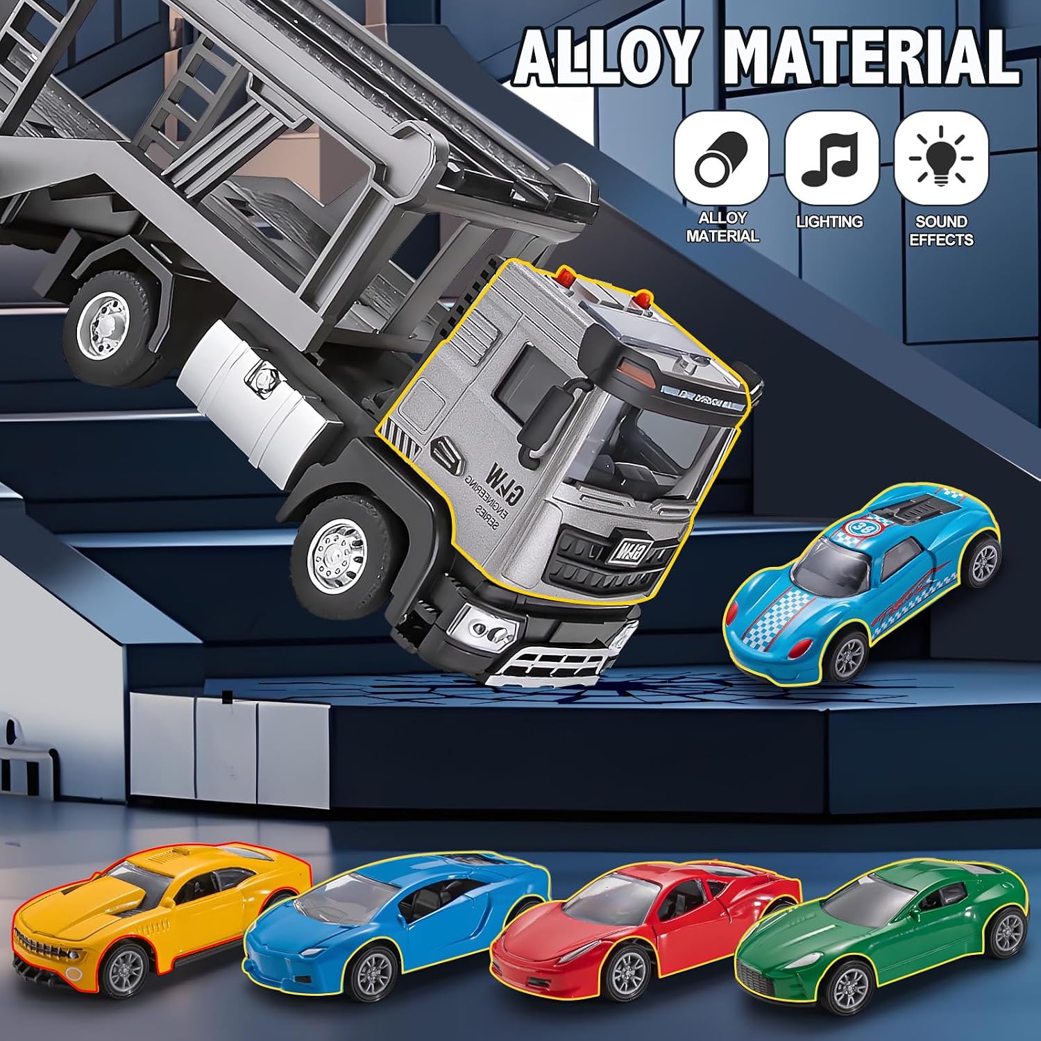 Die-cast Semi Truck Trailer Includes 5 Metal Rcaing Car, Alloy Engineering Transport Vehicles Toys w/Lights & Sounds, Toys for Boys Kids