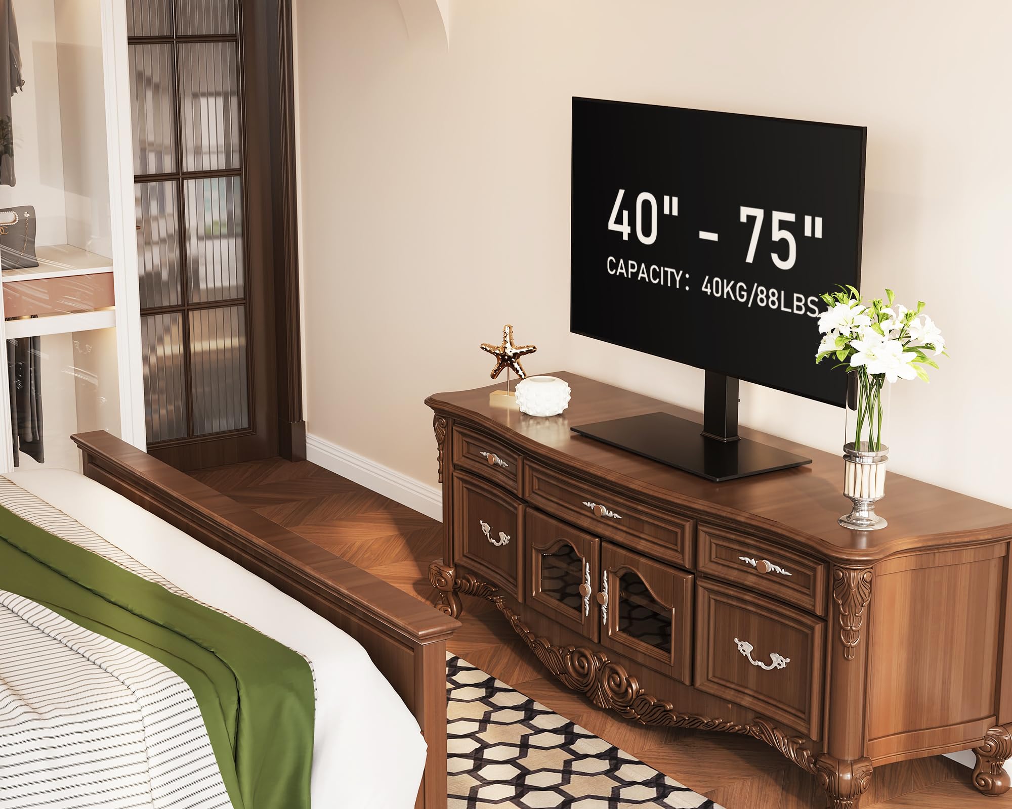 FITUEYES Soporte TV Mesa para Pantallas de 40 a 75 Pulgadas hasta 40kg,Soporte TV Pie de Mesa con Función de Altura Ajustable,Soporte TV de Pie Negro con Base de Cristal,MAX VESA 600x400mm