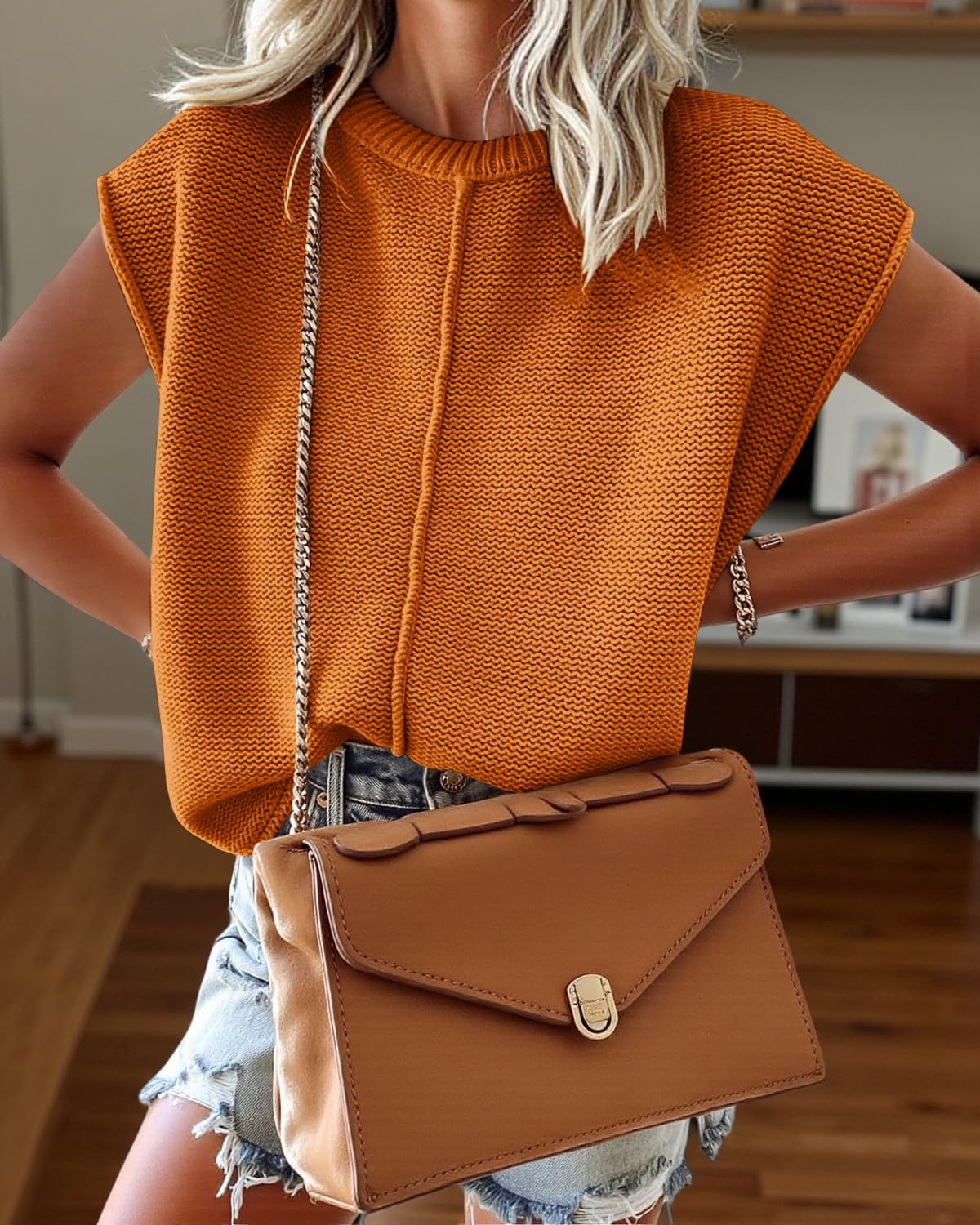 Saodimallsu Womens Summer Cap Sleeve Tops Casual Crew Neck Loose Fit Knit Lightweight Sweater Pullover Top - Image 3