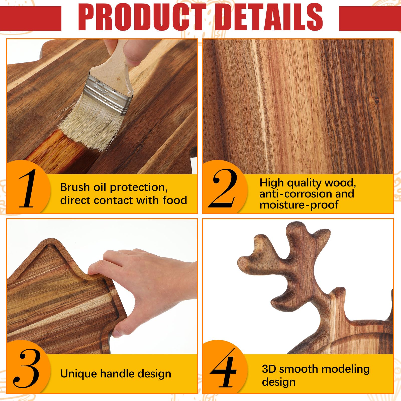 Umigy 2 Pcs Christmas Charcuterie Boards Christmas Tree Wooden Cutting Board with Handle Antler Acacia Wood Cute Cutting Board for Cheese Fruit Bread Salad Vegetables Snack Dessert