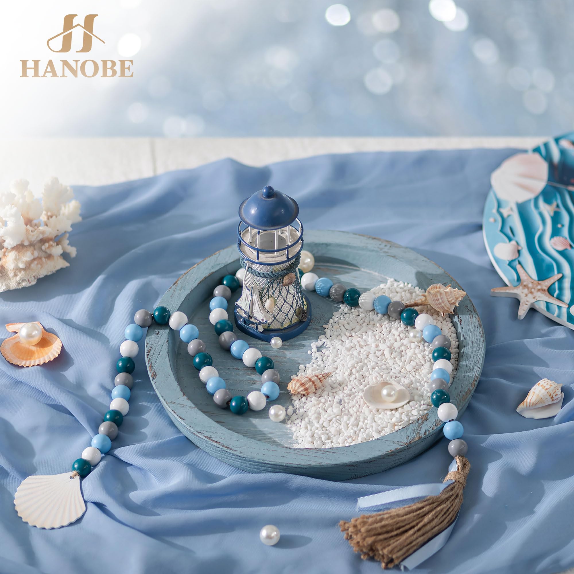 Hanobe Beach Decor Decorative Tray: Farmhouse Coastal Tray for Nautical Themed Decorations Coffee Table - Round Wooden Trays Ocean Style for Bathroom Countertop Centerpiece Rustic Blue