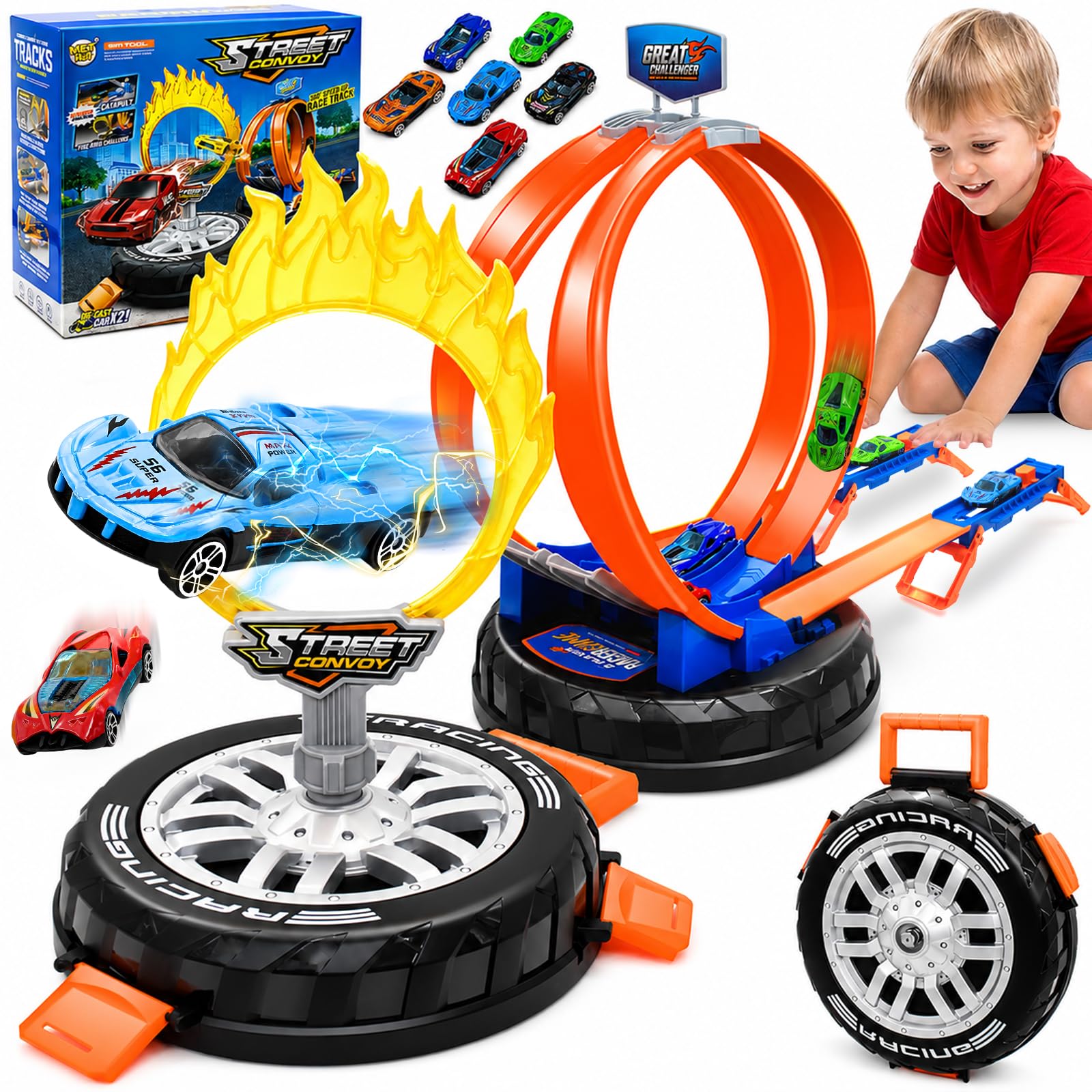 Race Tracks for Kids Ages 4-8, 2 in 1 Race Car Track Stunt Tire Shaped Case