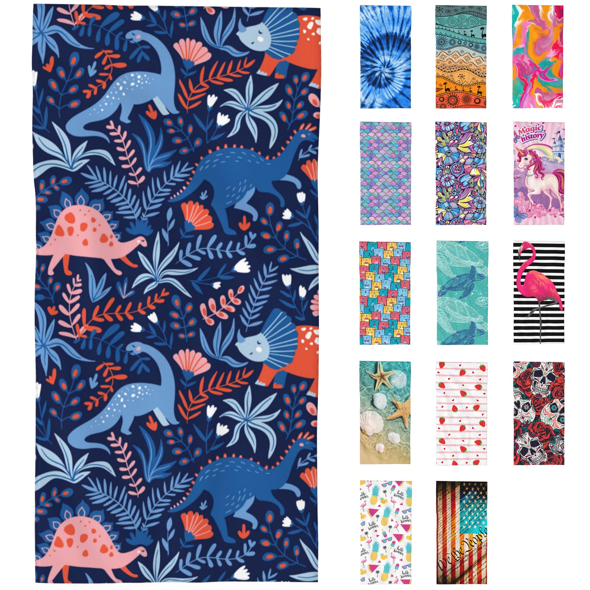 SAYOUZ Beach Towel, Tropical Leaves and Flowers with Dinosaurs Beach Towel Oversized Sand Proof Absorbent, Quick-Dry Bath Pool Swim Towel for Shower