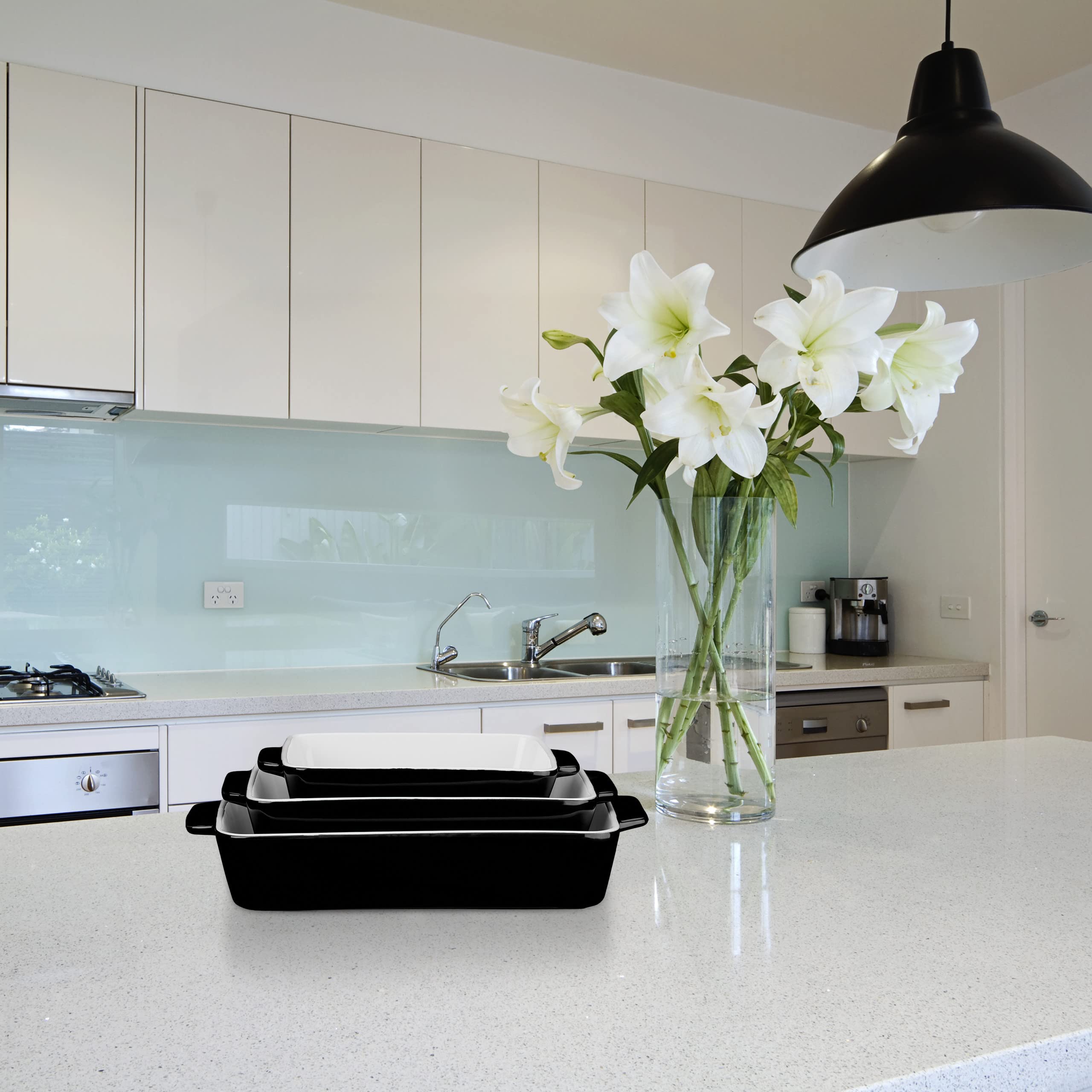 Relaxdays Set da 3 Teglie in Ceramica, Pirofile Rettangolari, per Forno, Frigo, Lavastoviglie, con Manici, Nero Bianco