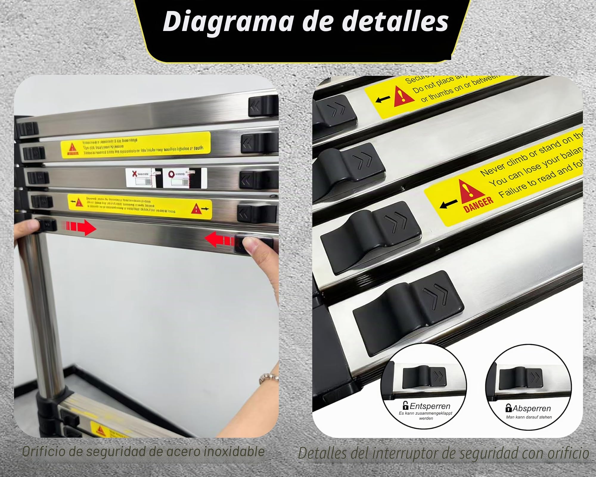 Escalera Telescópica de 3.8m,Escalera Plegable Acero Inoxidable,Escalera con cierre de seguridad con Patas Antideslizantes,Escalera Extensible,Para Mantenimiento,Techos,Camping,Capacidad MáXima 150 Kg
