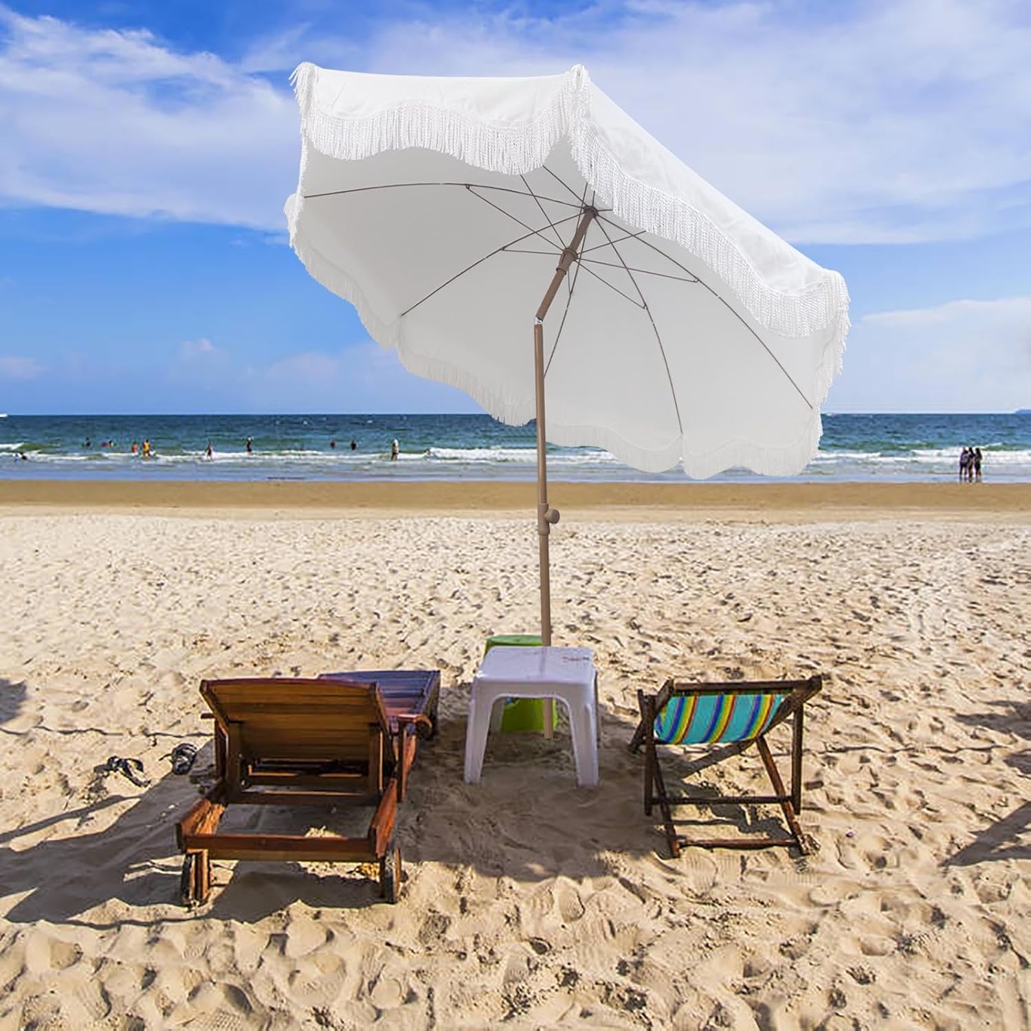 White Boho Umbrella with Tassels 6.56ft Patio Umbrella with Fringe Beach Umbrellas for Sand Waterproof UPF 50+ Height Adjustable Portable for Outdoor Holiday Garden Lawn Pool Yard Table