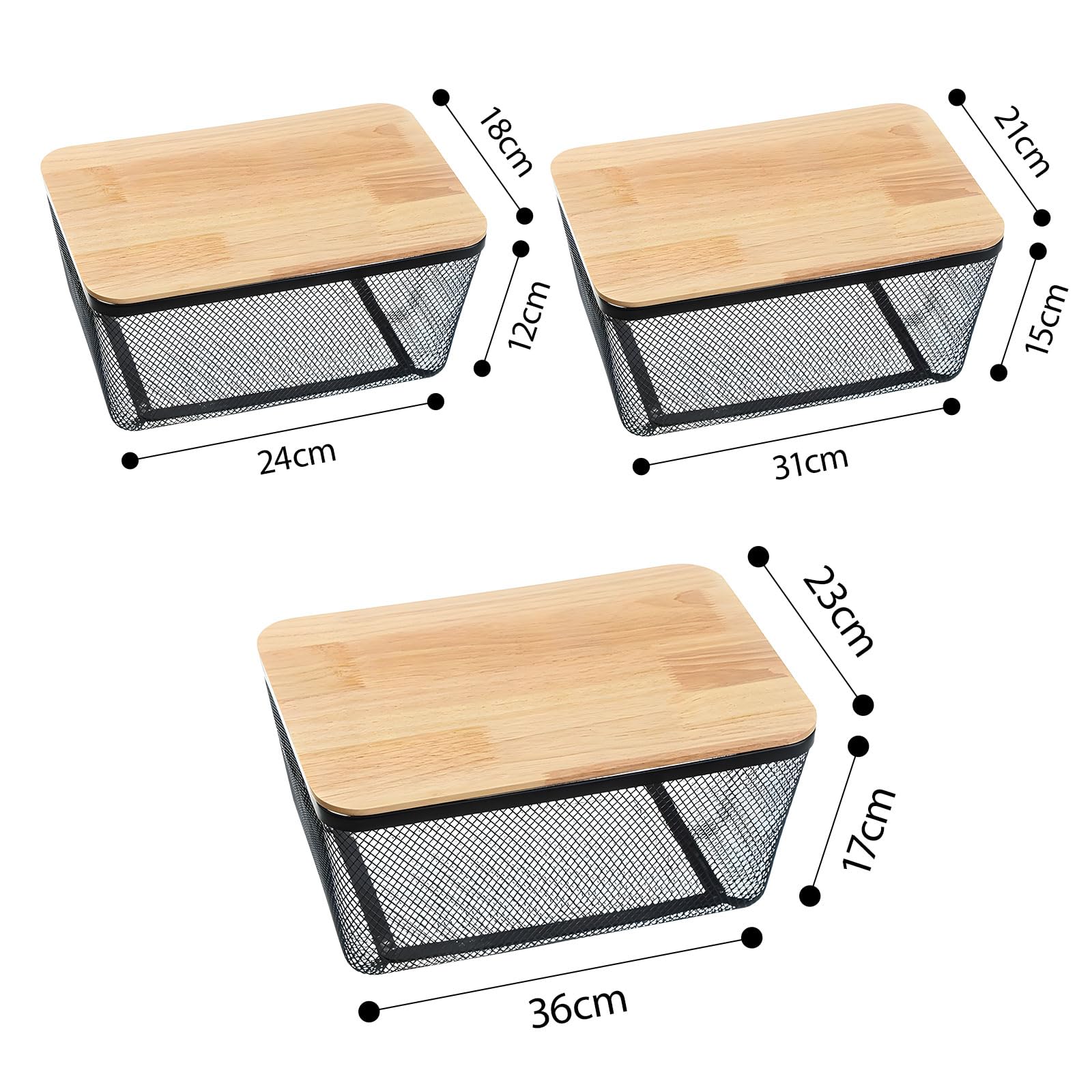 3 cestas de alambre de metal con asas de madera para cocina, baño y zona de trabajo, solución de almacenamiento, frigorífico y congelador