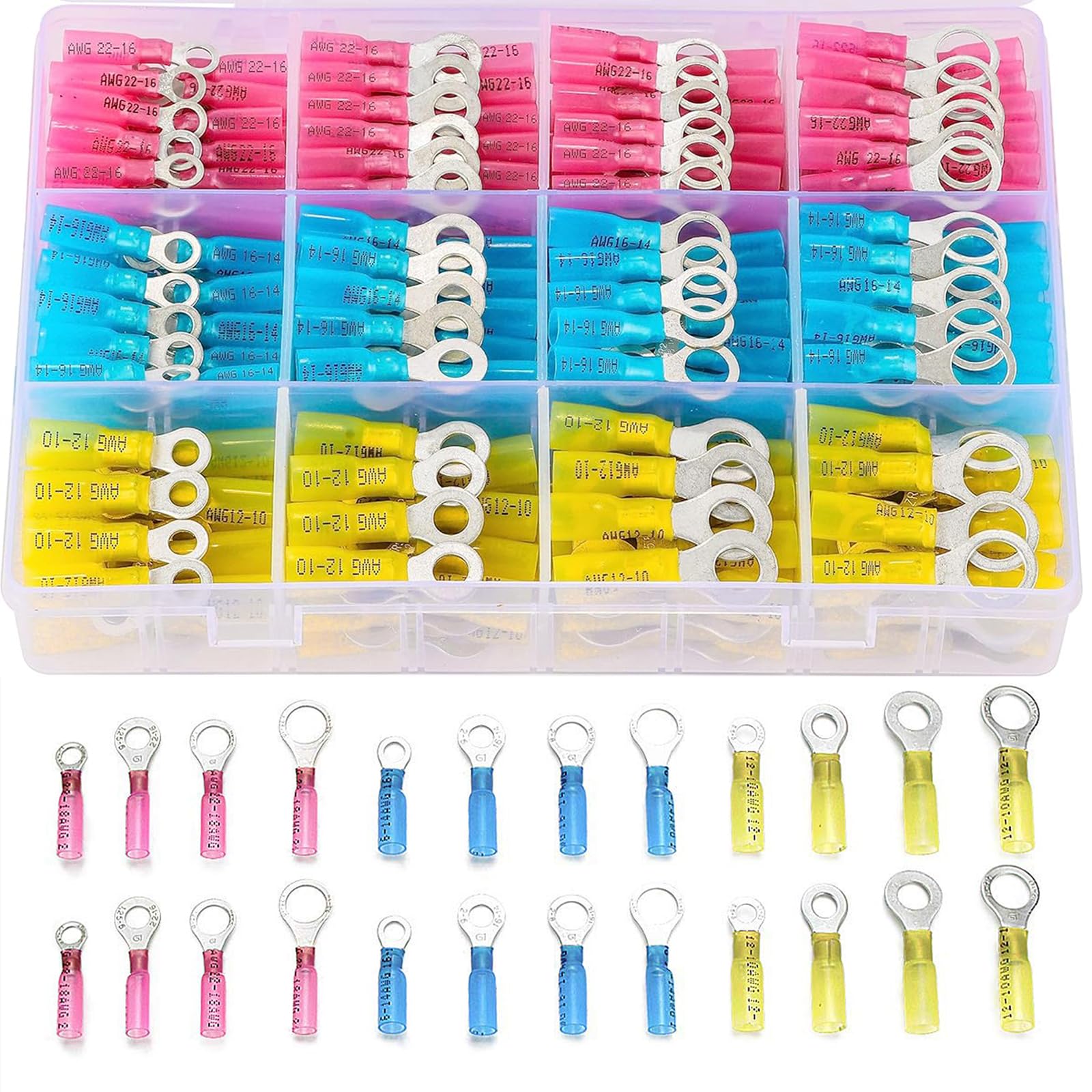 Ring Terminal Connectors,260PCS Marine Grade Heat Shrink Ring Connectors-Heat Shrink Wire Connectors Tinned Red Copper16-14 22-16 12-10 Gauge Insulated Ring Crimp Terminals